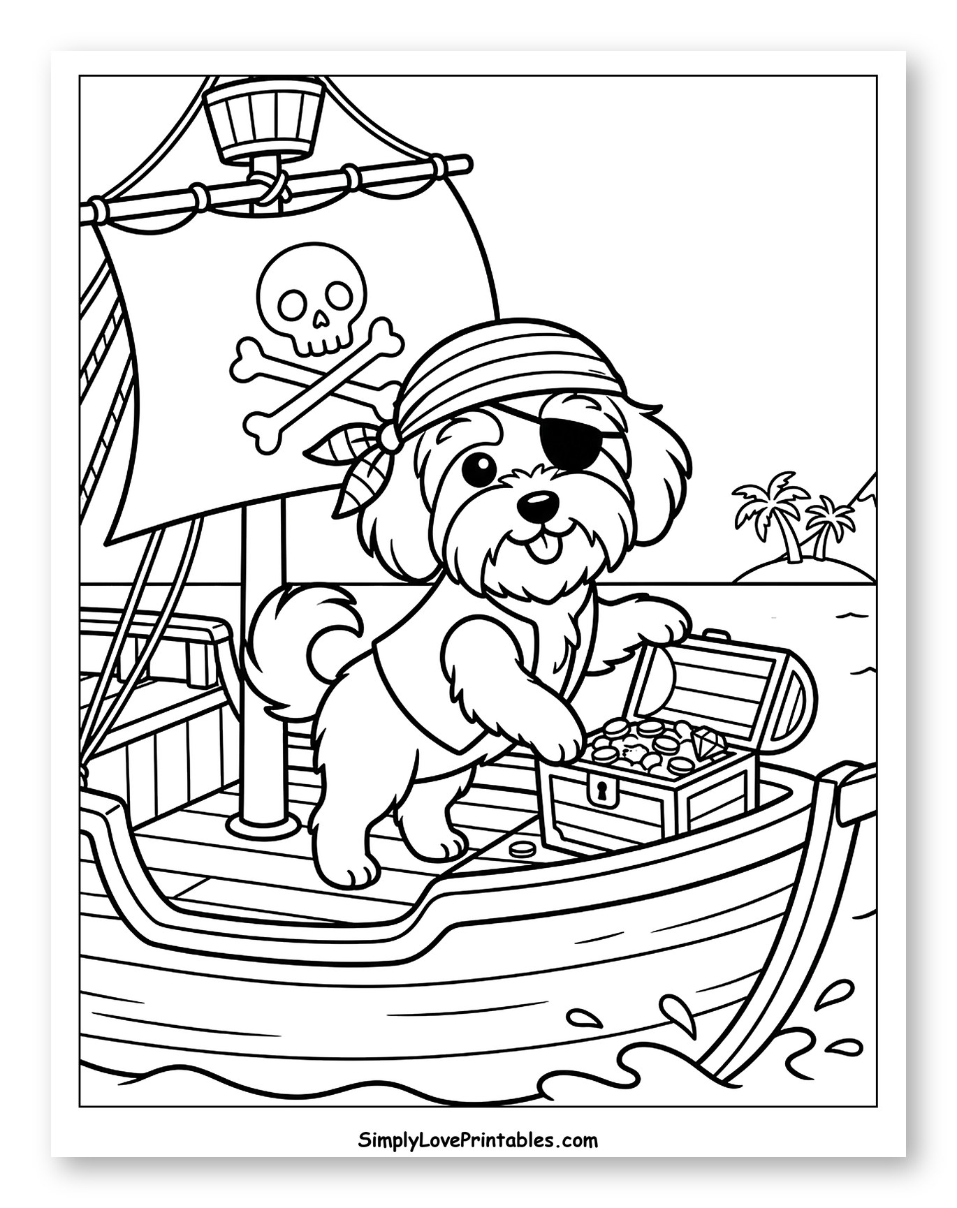 Cute Havanese Pirate Dog with Treasure Chest Coloring Page for Kids
