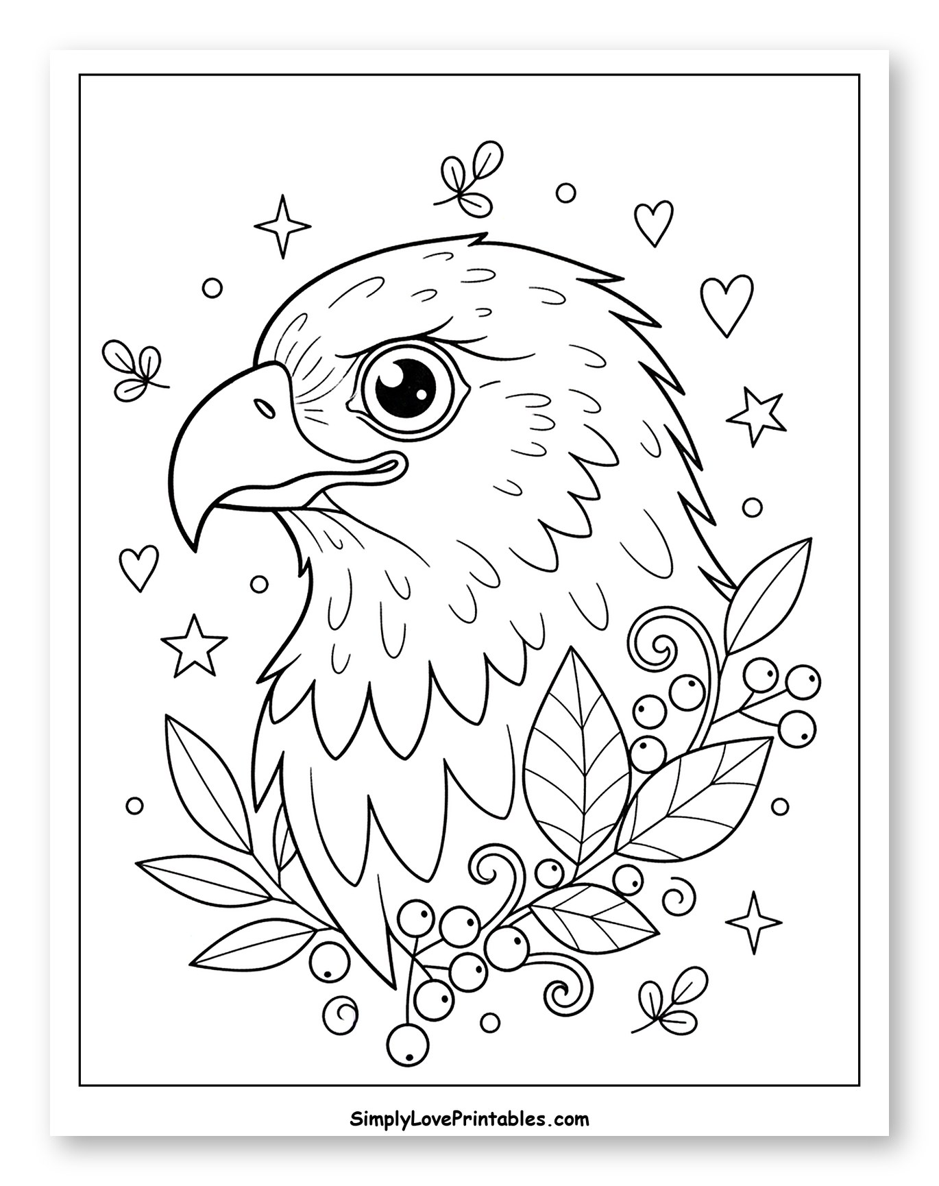 Cute Hawk Head with Berries and Stars Coloring Sheet for Adults