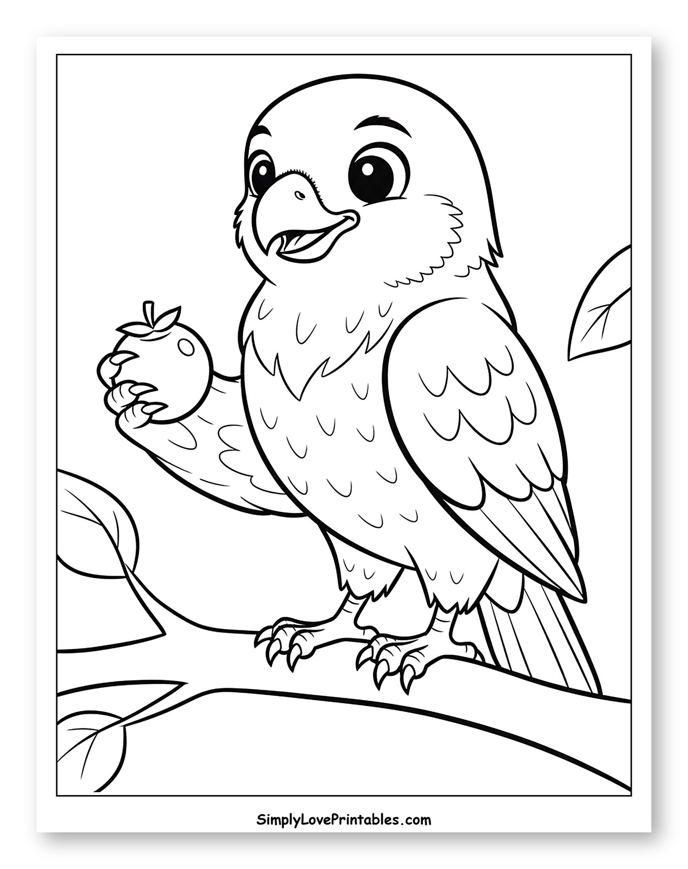 Cute Hawk Holding an Apple on a Branch to Color for Toddlers