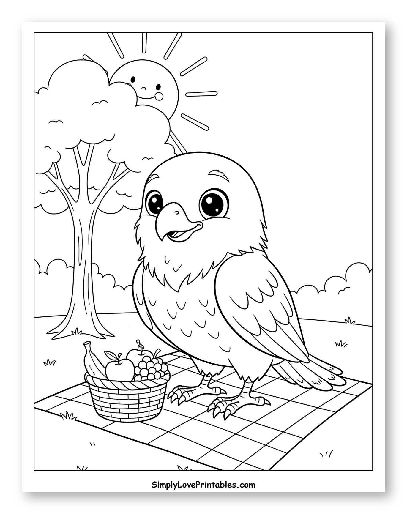 Cute Hawk on Picnic Blanket with Fruit Coloring Sheet for Kids