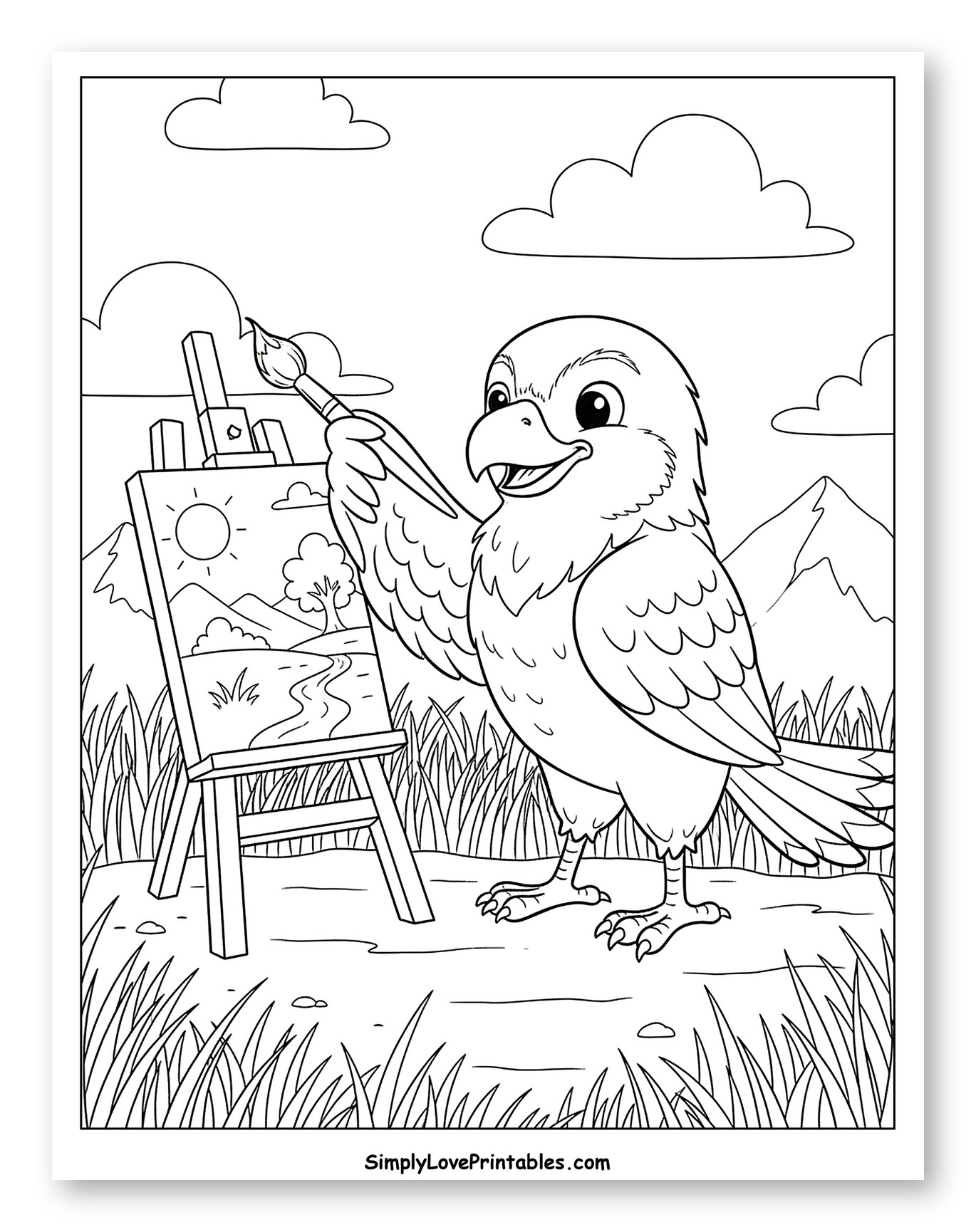 Cute Hawk Painting a Landscape Coloring Sheet for Kids
