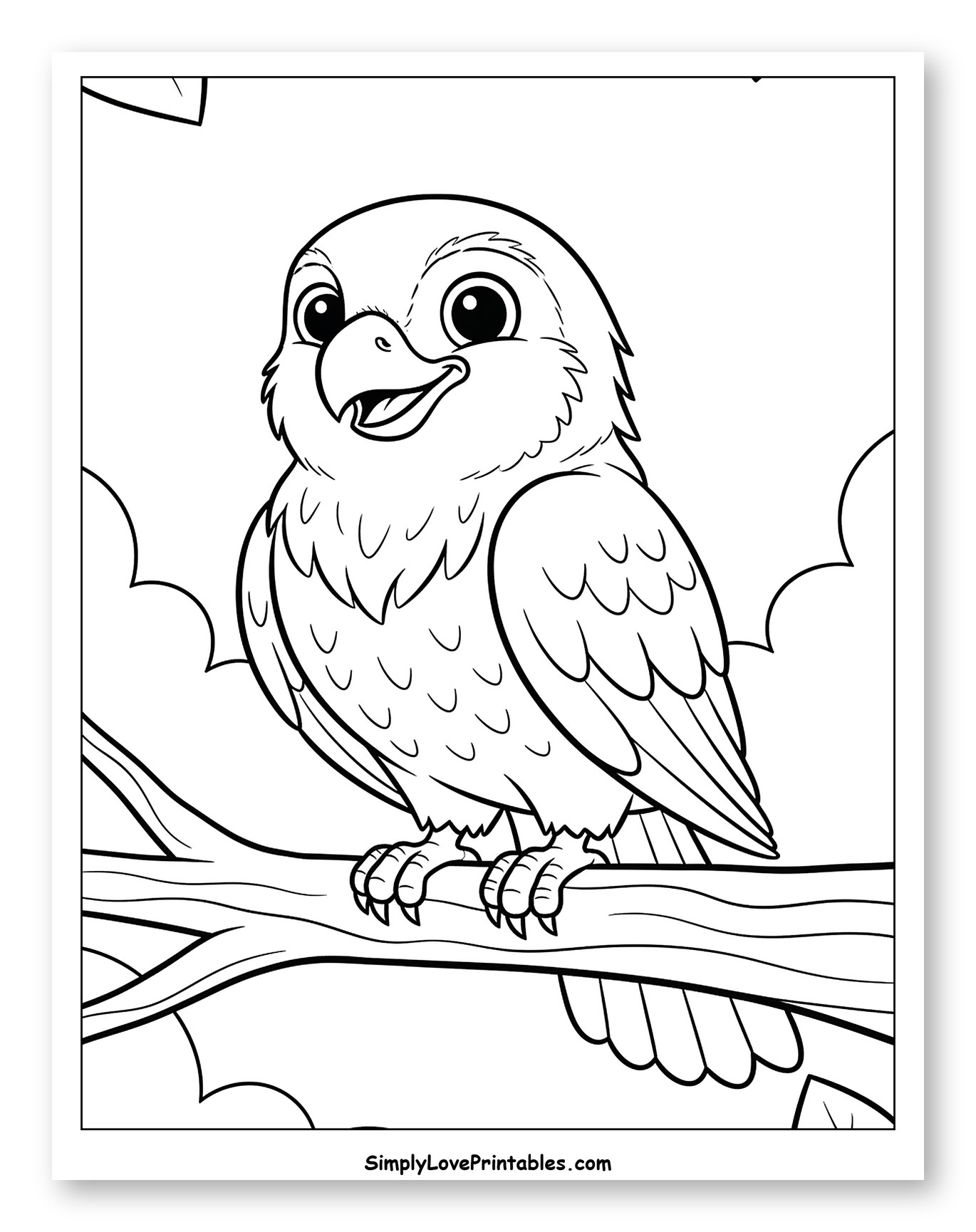 Cute Hawk Perched on a Tree Branch Coloring Sheet for Toddlers