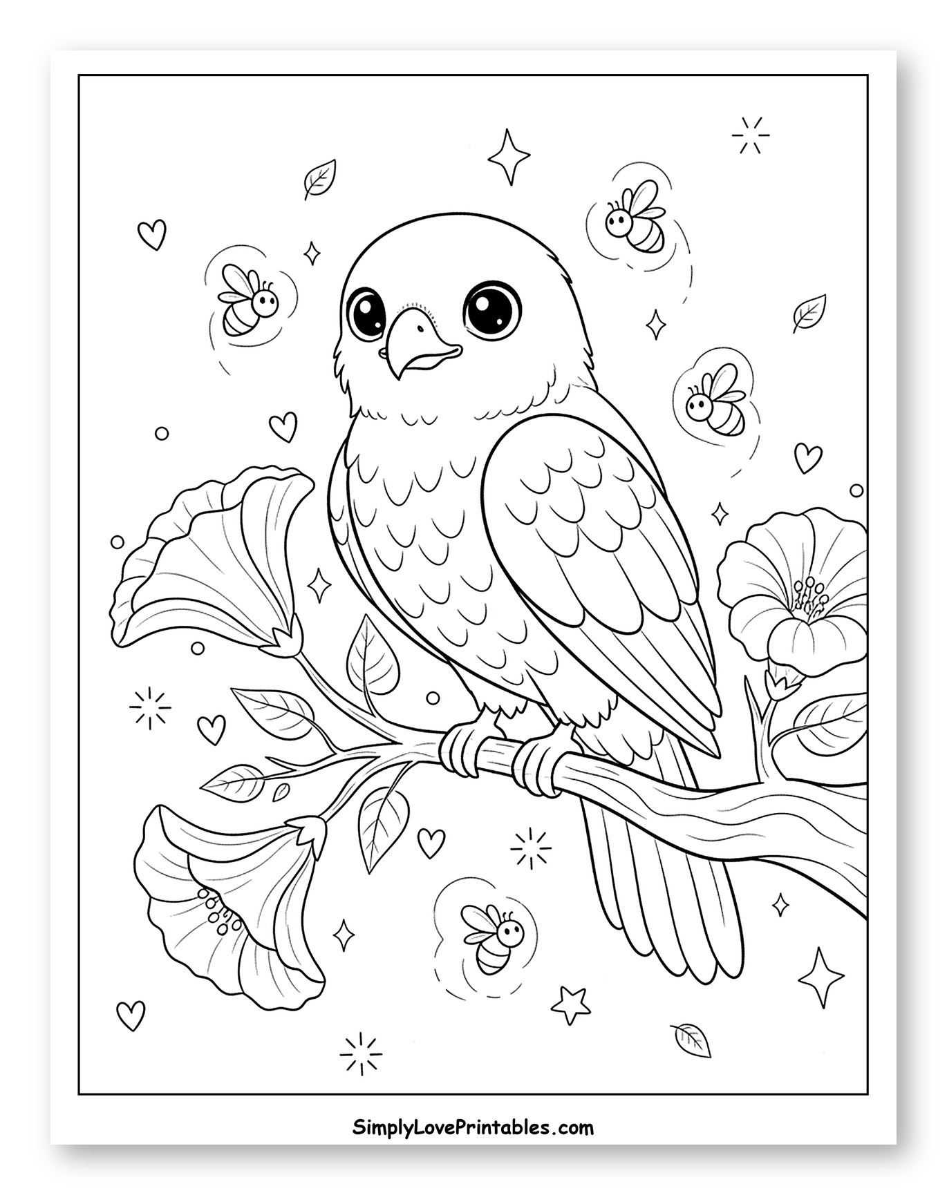 Cute Hawk Perched on Branch with Flowers Coloring Sheet for Adults
