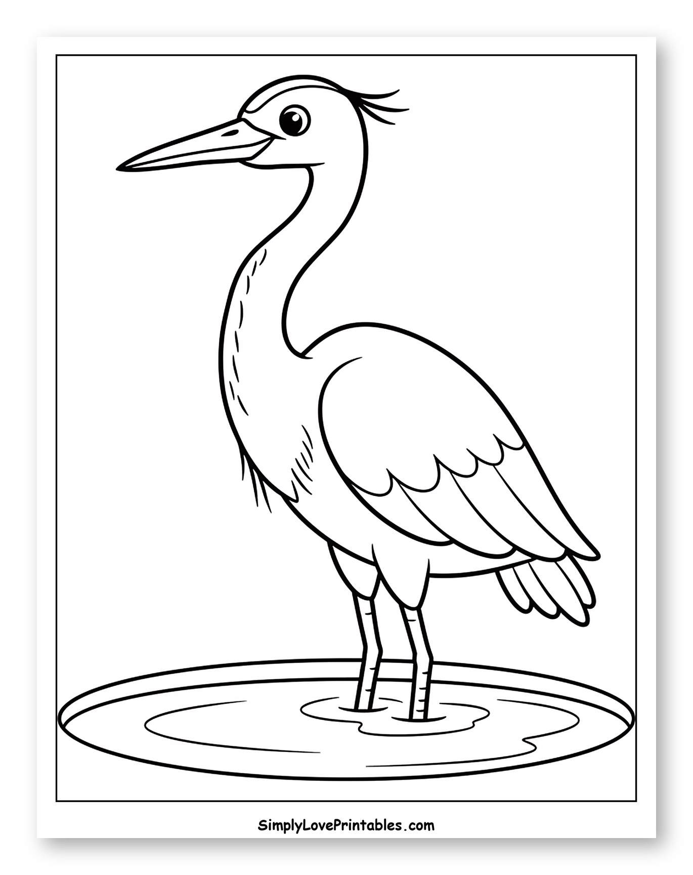 Cute Heron Wading in Shallow Water Coloring Sheet for Toddlers
