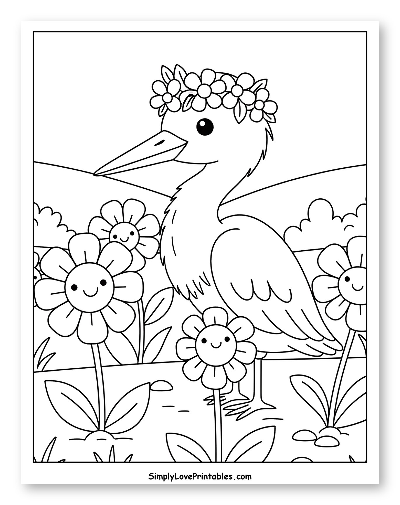 Cute Heron with Flower Crown and Smiling Flowers to Color for Kids