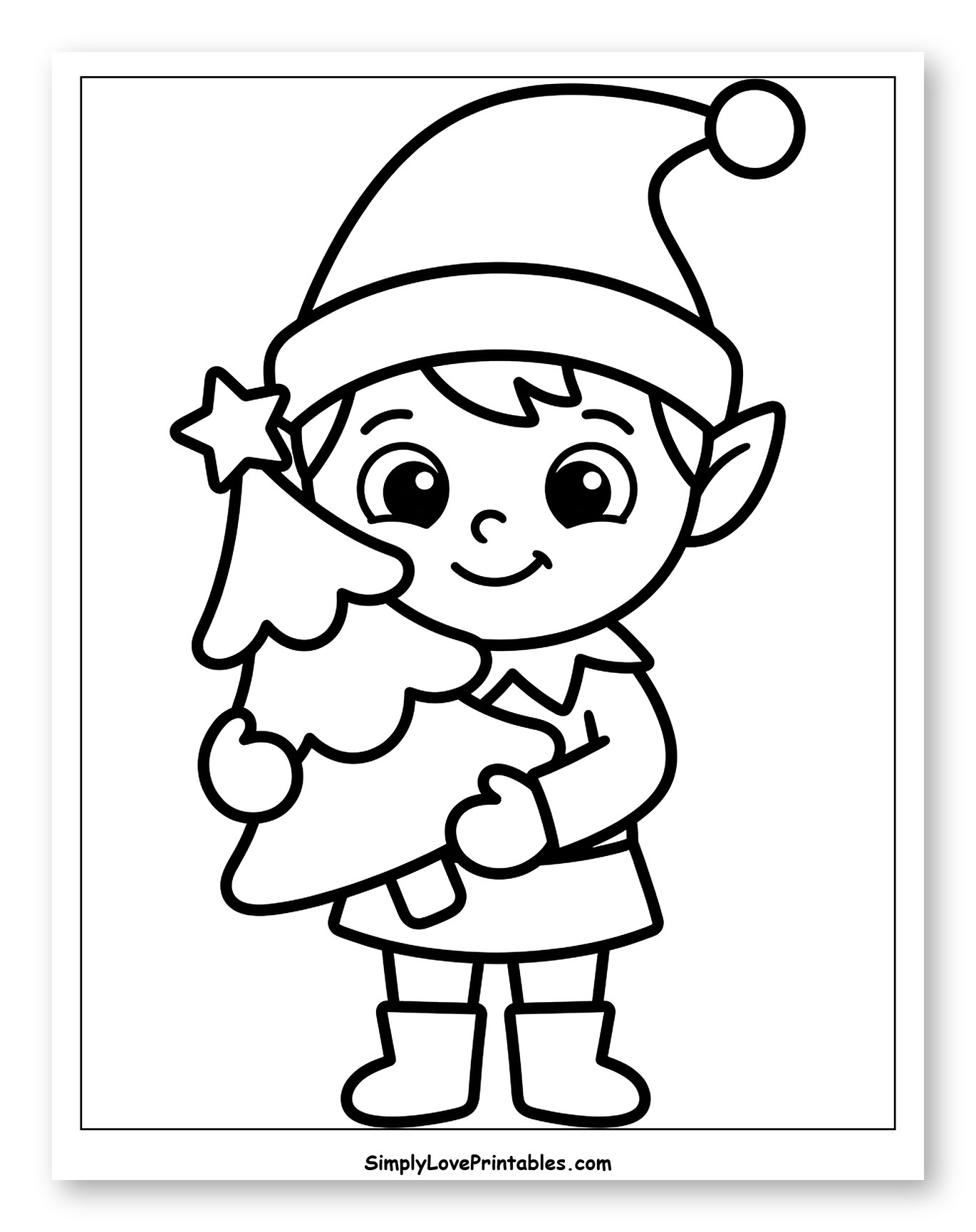 Cute Holiday Elf Holding a Christmas Tree Coloring Sheet for Toddlers