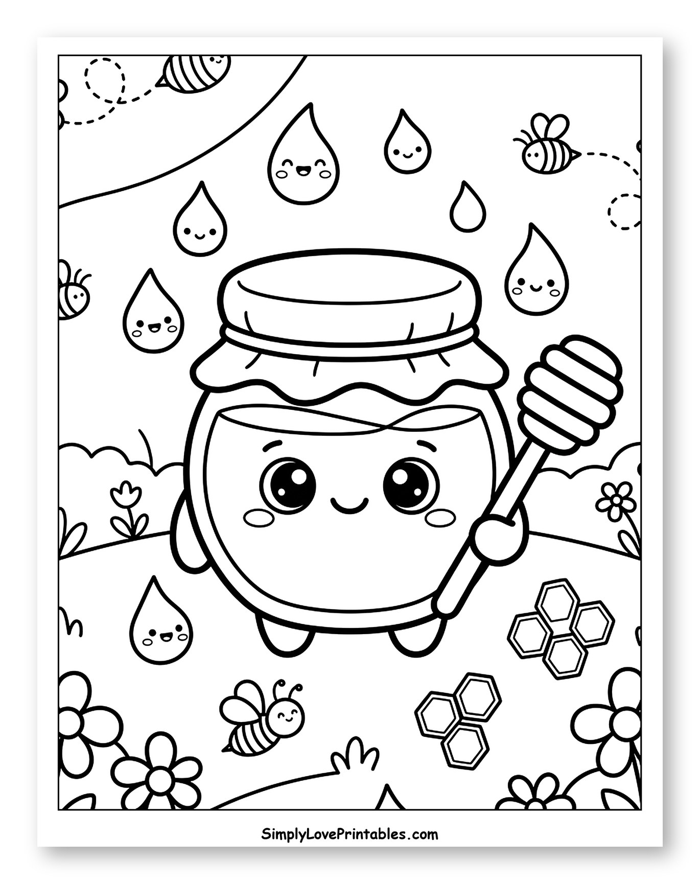 Cute Honey Pot with Bees and Flowers