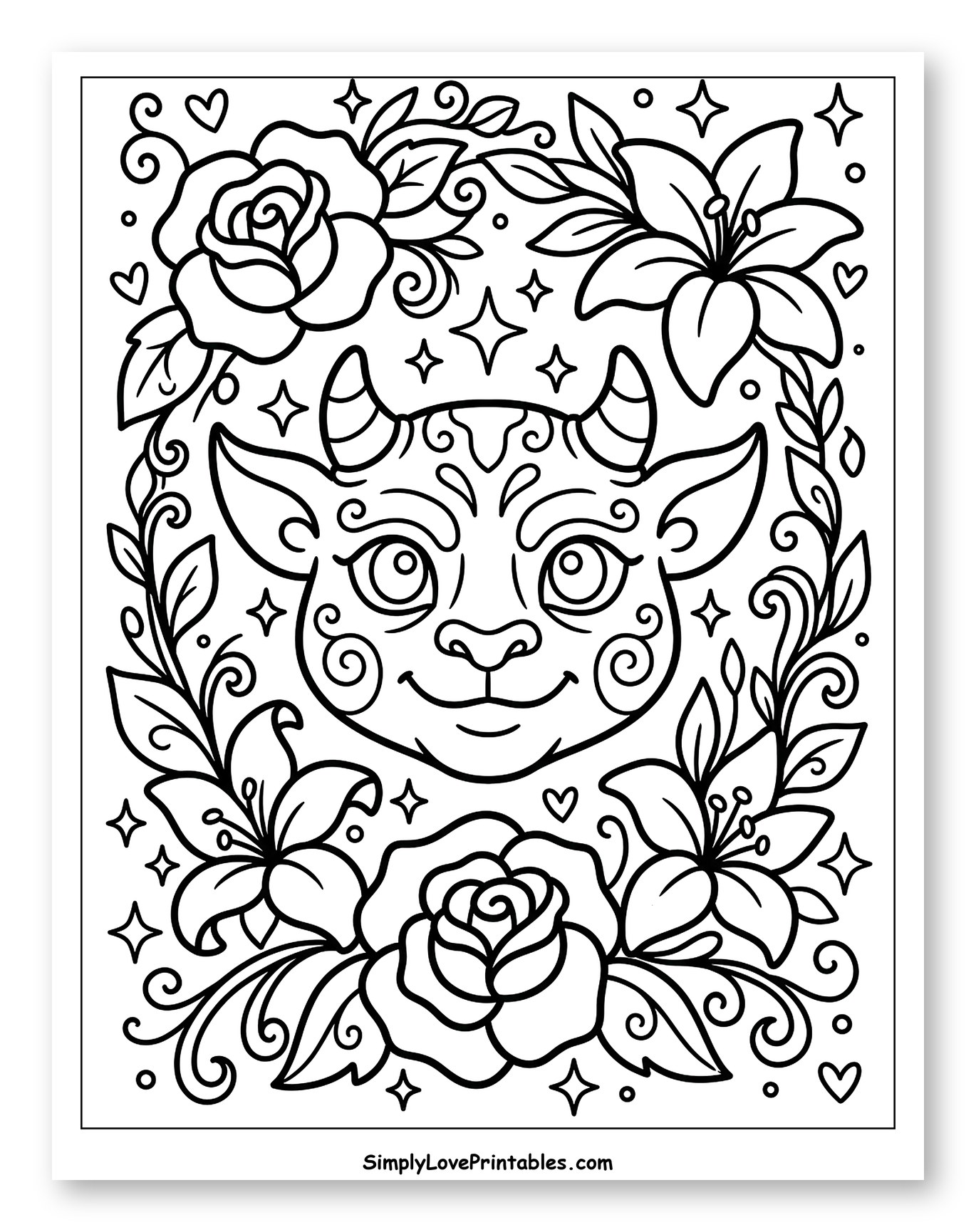 Cute Horned Creature with Flowers and Stars Coloring Sheet for Adults