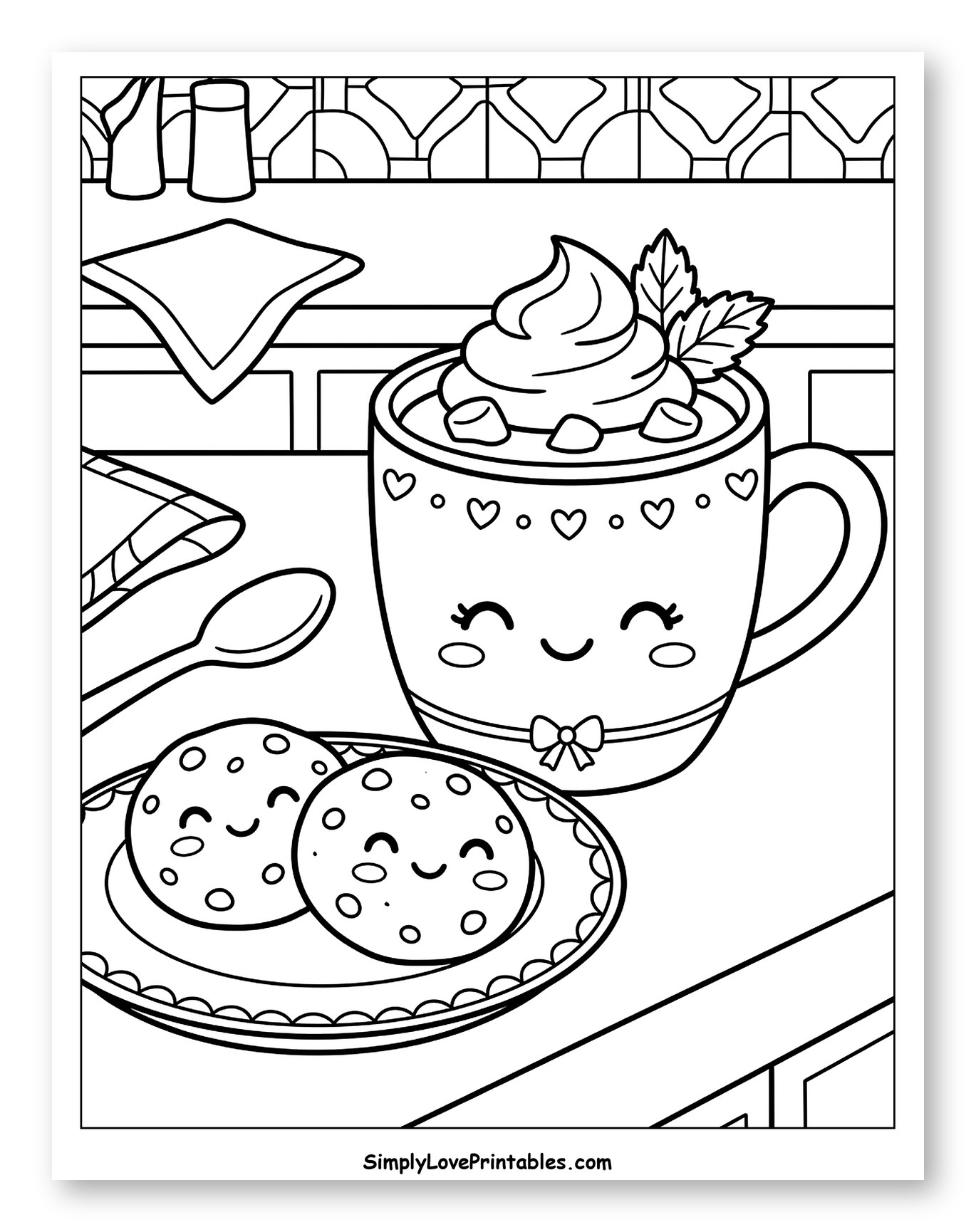 Cute Hot Chocolate and Cookies Coloring Sheet for Kids