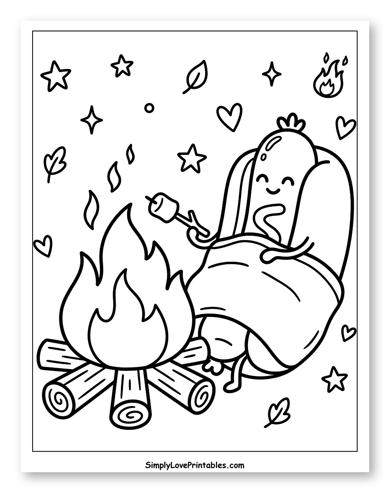 Cute Hot Dog Roasting Marshmallow by Campfire Coloring Sheet for Adults