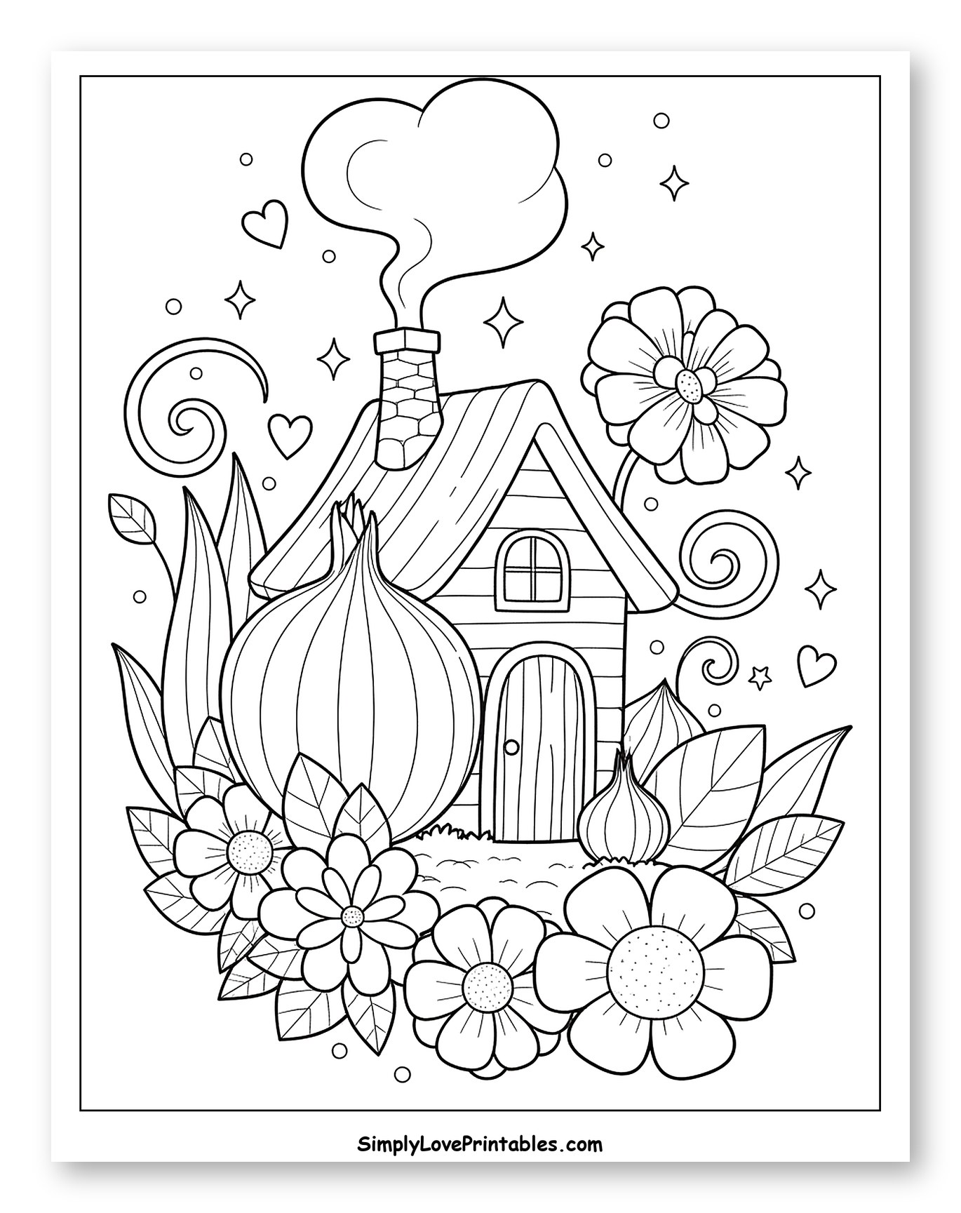 Cute House Surrounded by Onions and Blooms Coloring Page for Adults