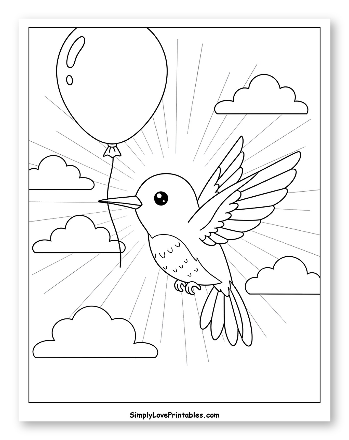 Cute Hummingbird Carrying a Balloon in the Sky to Color for Kids