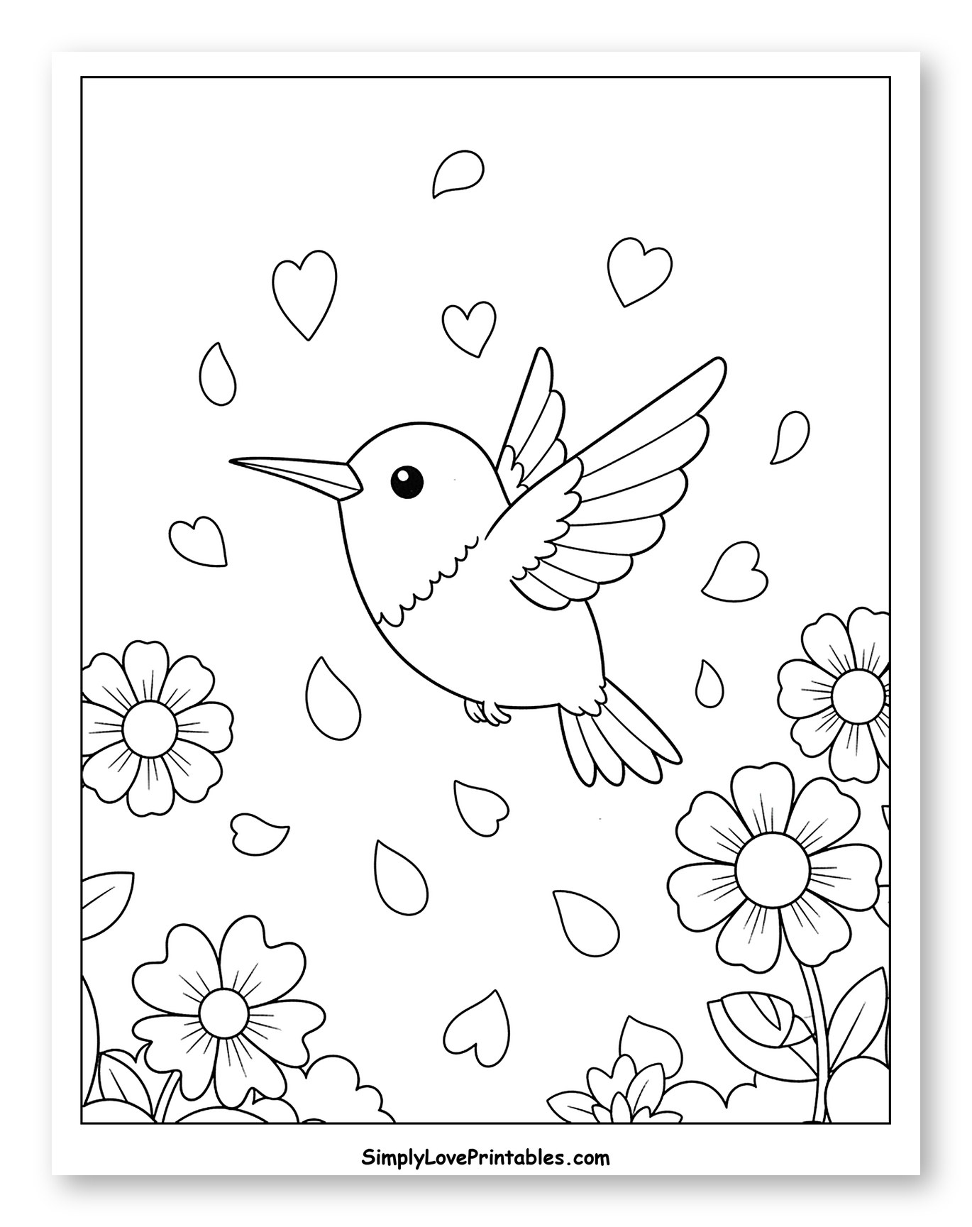Cute Hummingbird Flying Among Hearts and Flowers