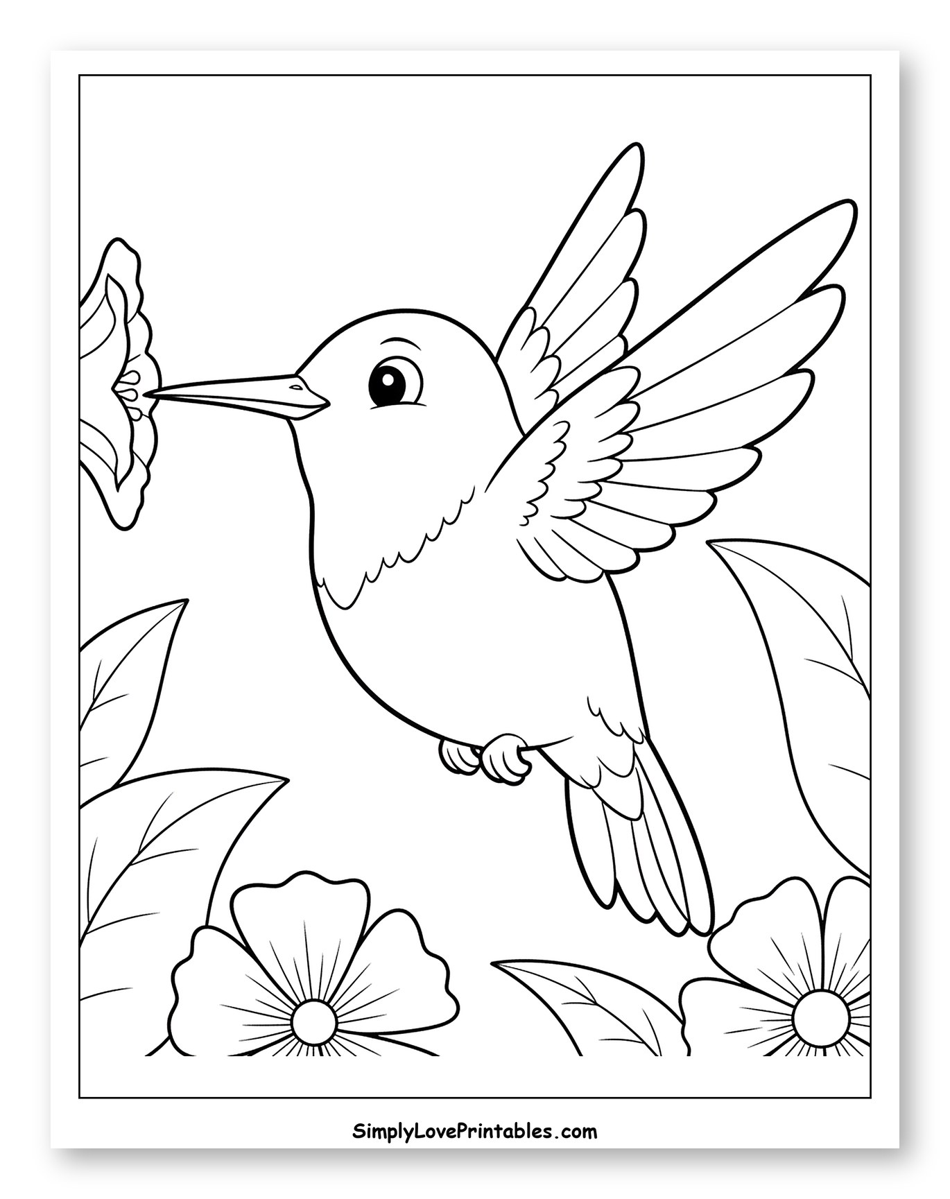 Cute Hummingbird Sipping Nectar from a Flower Coloring Page for Toddlers