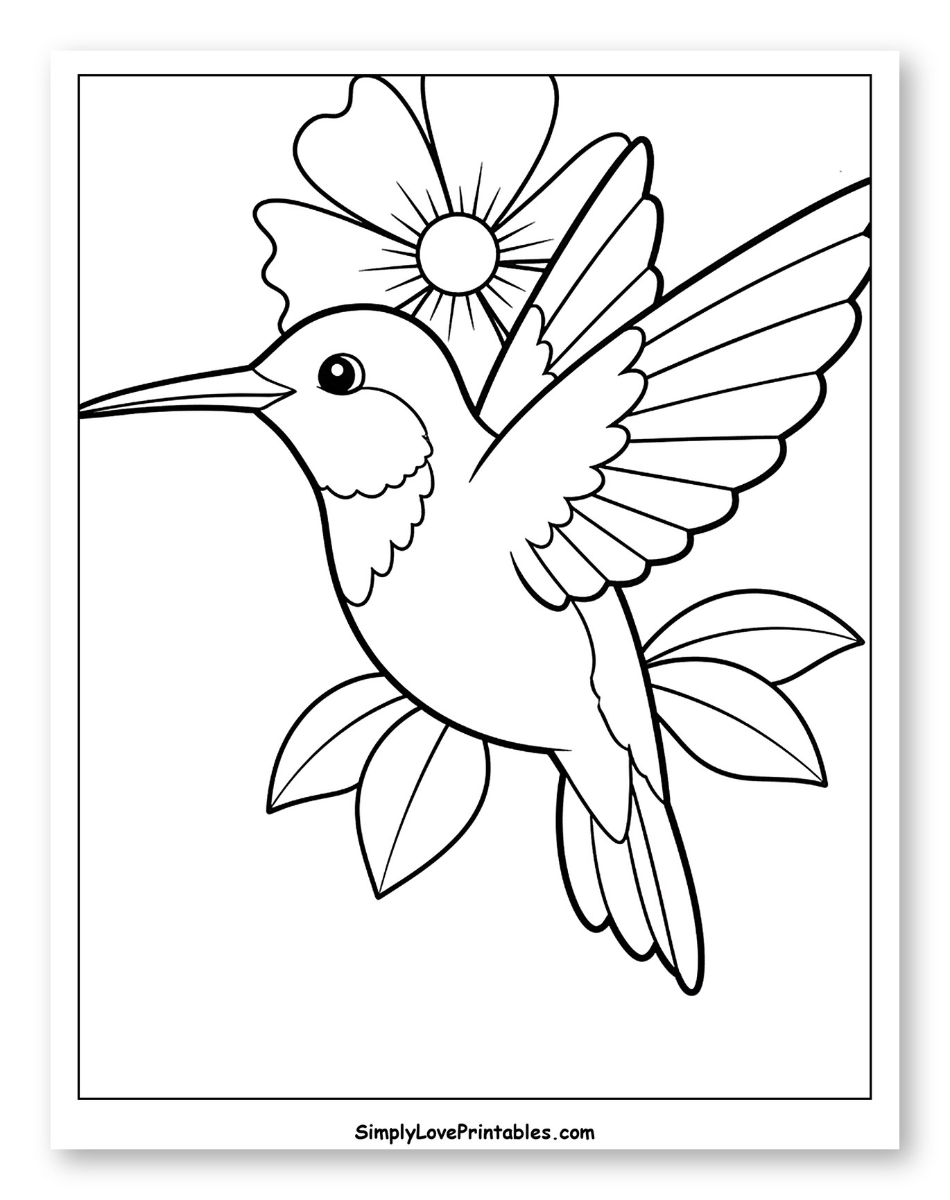 Cute Hummingbird with Flower and Leaves to Color for Toddlers