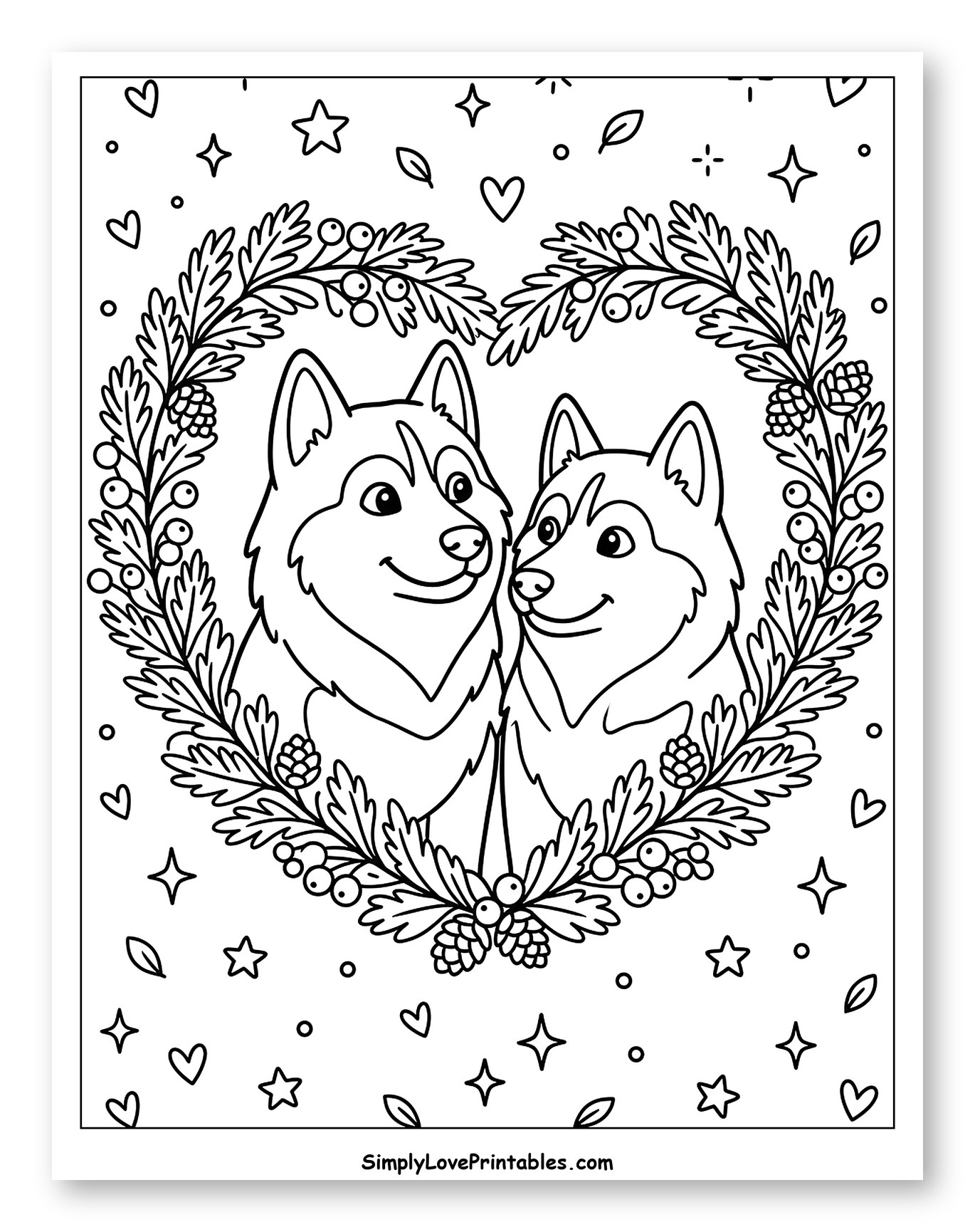 Cute Huskies in a Festive Heart Wreath Coloring Page for Adults