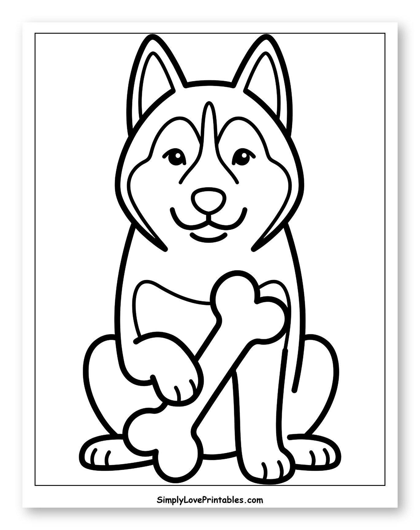 Cute Husky Holding a Bone Coloring Page for Toddlers