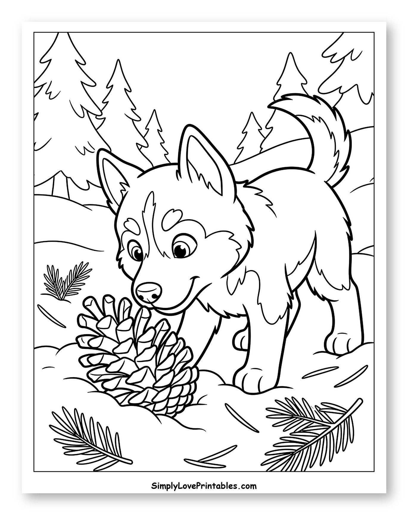 Cute Husky Puppy Sniffing a Pine Cone