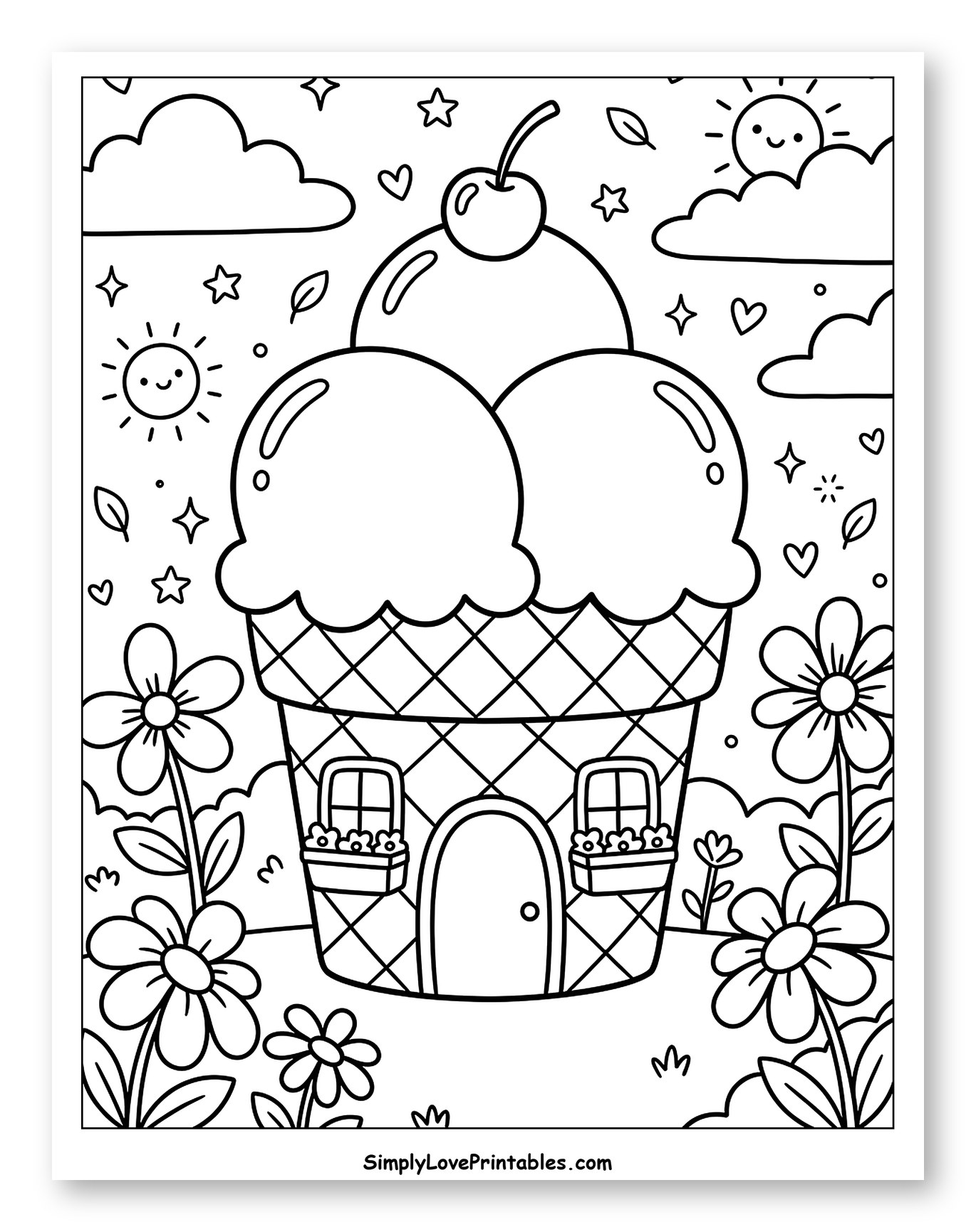 Cute Ice Cream House with Flowers and Suns Coloring Page for Adults