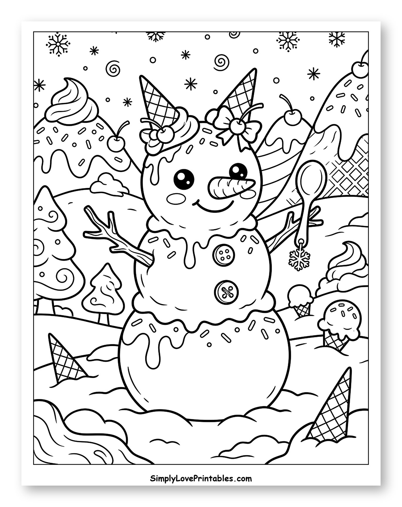 Cute Ice Cream Snowman in a Sweet Landscape to Color for Kids