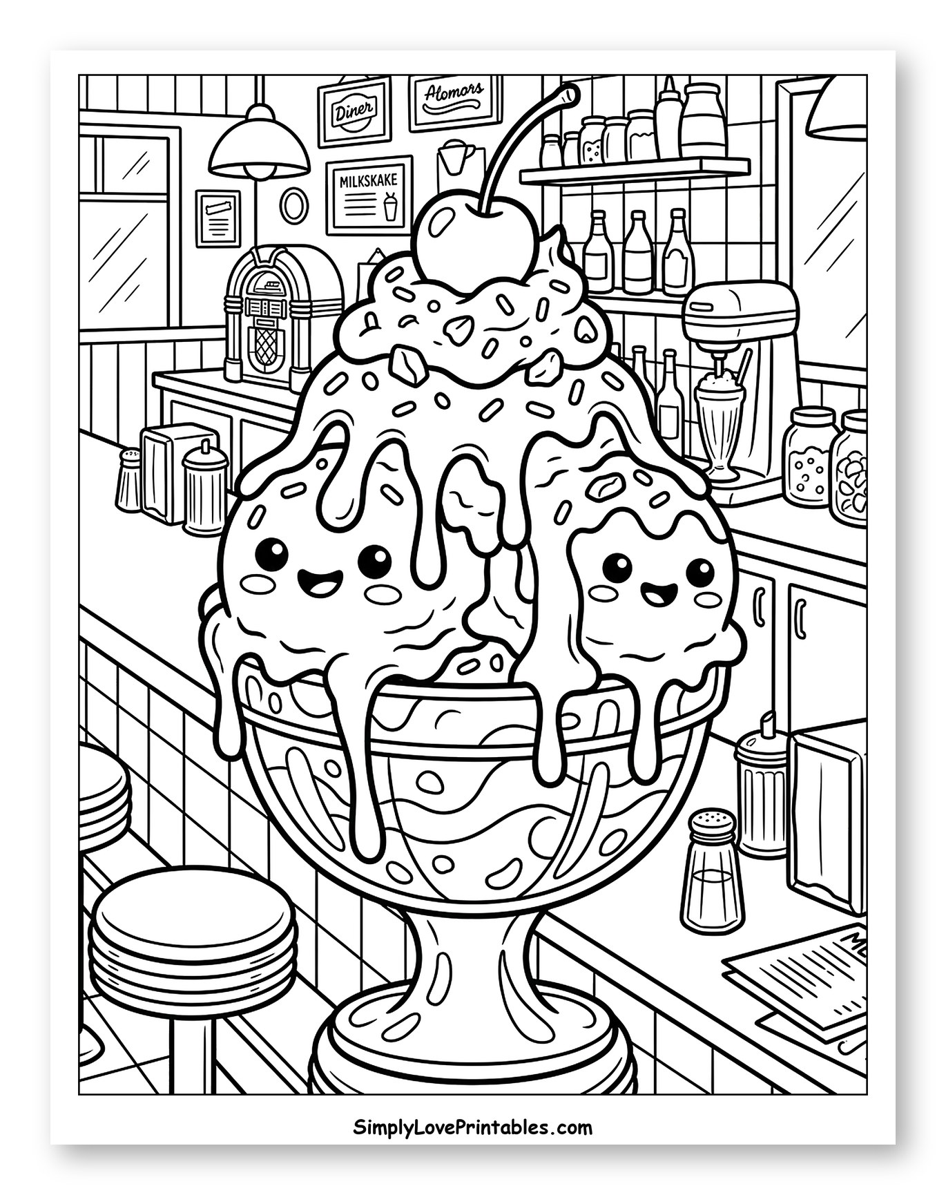 Cute Ice Cream Sundae in a Diner to Color for Kids
