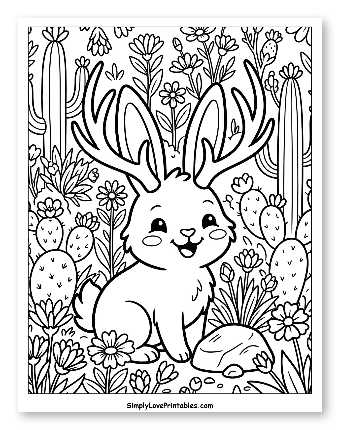 Cute Jackalope in a Flowery Cactus Garden to Color for Kids