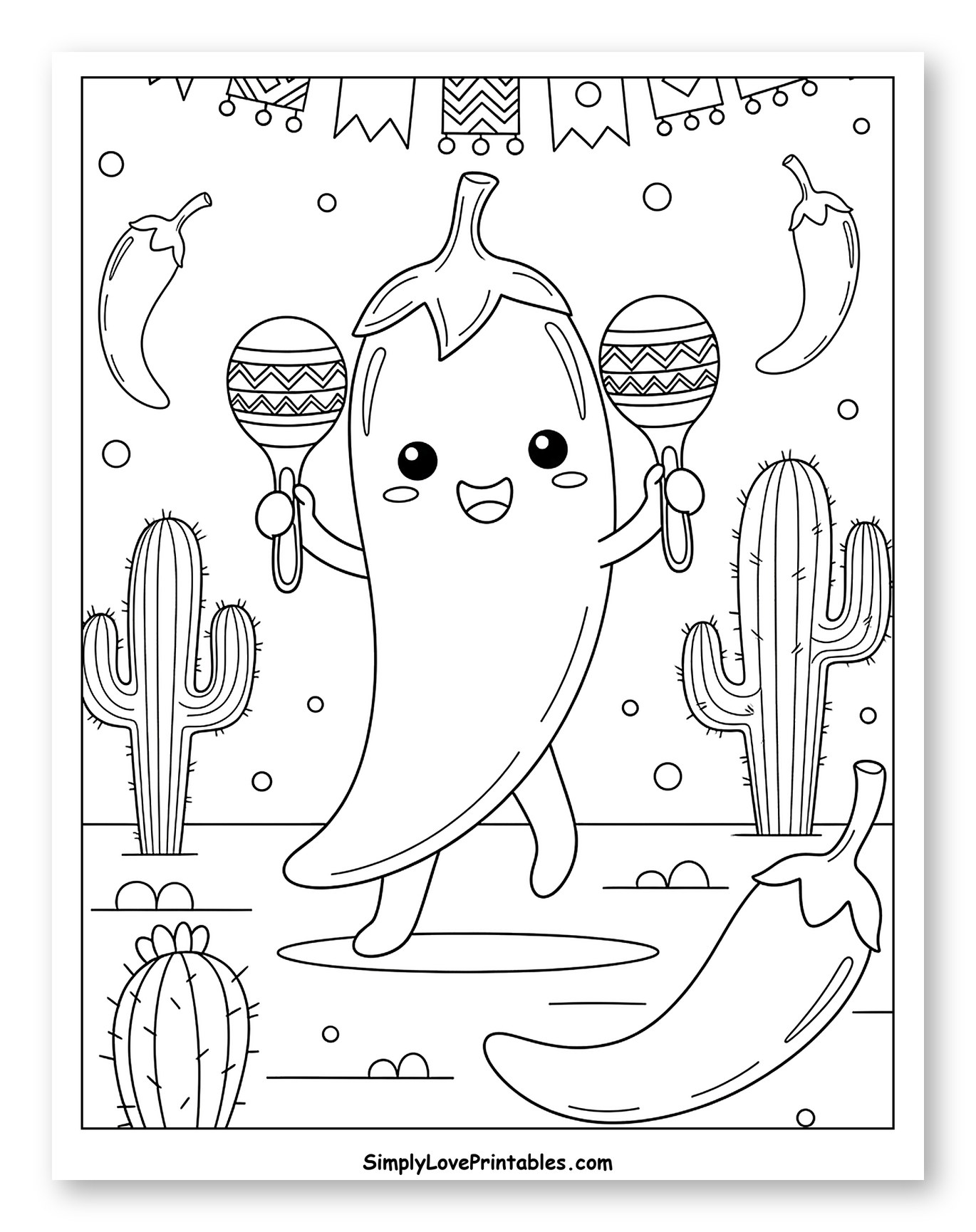 Cute Jalapeño Dancing with Maracas and Desert Cacti to Color for Kids