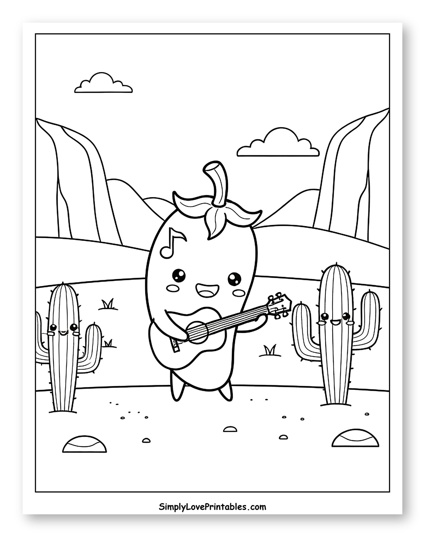 Cute Jalapeño Playing Guitar with Desert Cacti