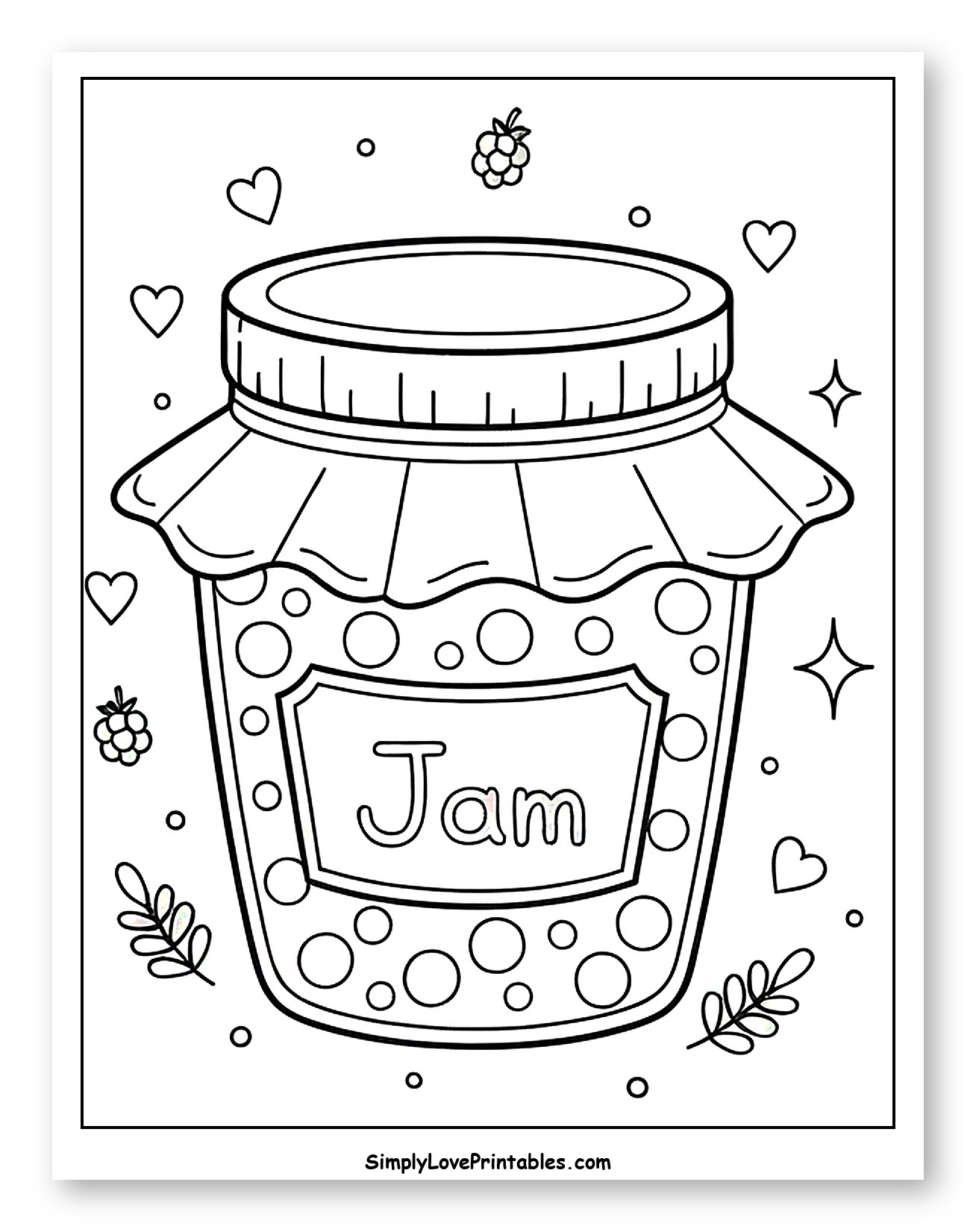 Cute Jar of Jam with Berries and Hearts to Color for Adults