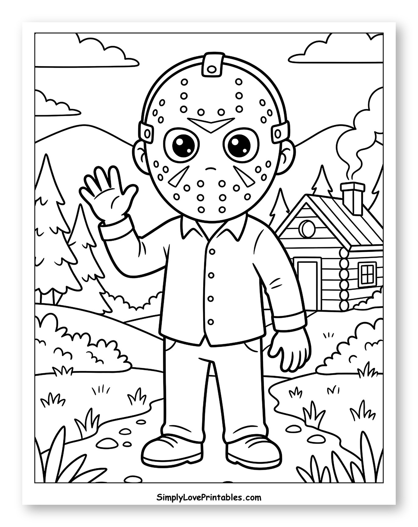 Cute Jason Mask Character Waving in Forest Coloring Page for Kids