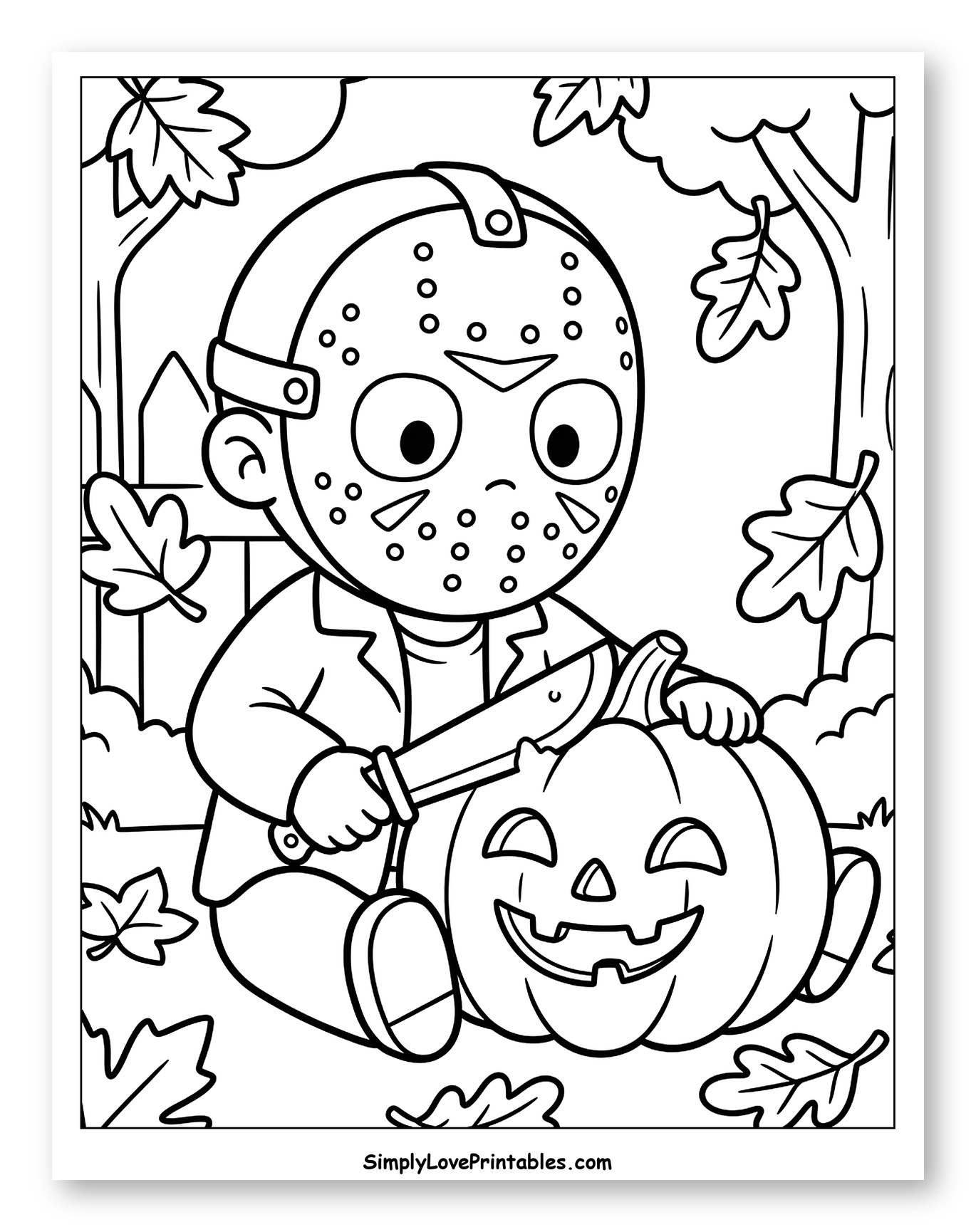 Cute Jason Voorhees Carving a Halloween Pumpkin Coloring Sheet for Kids