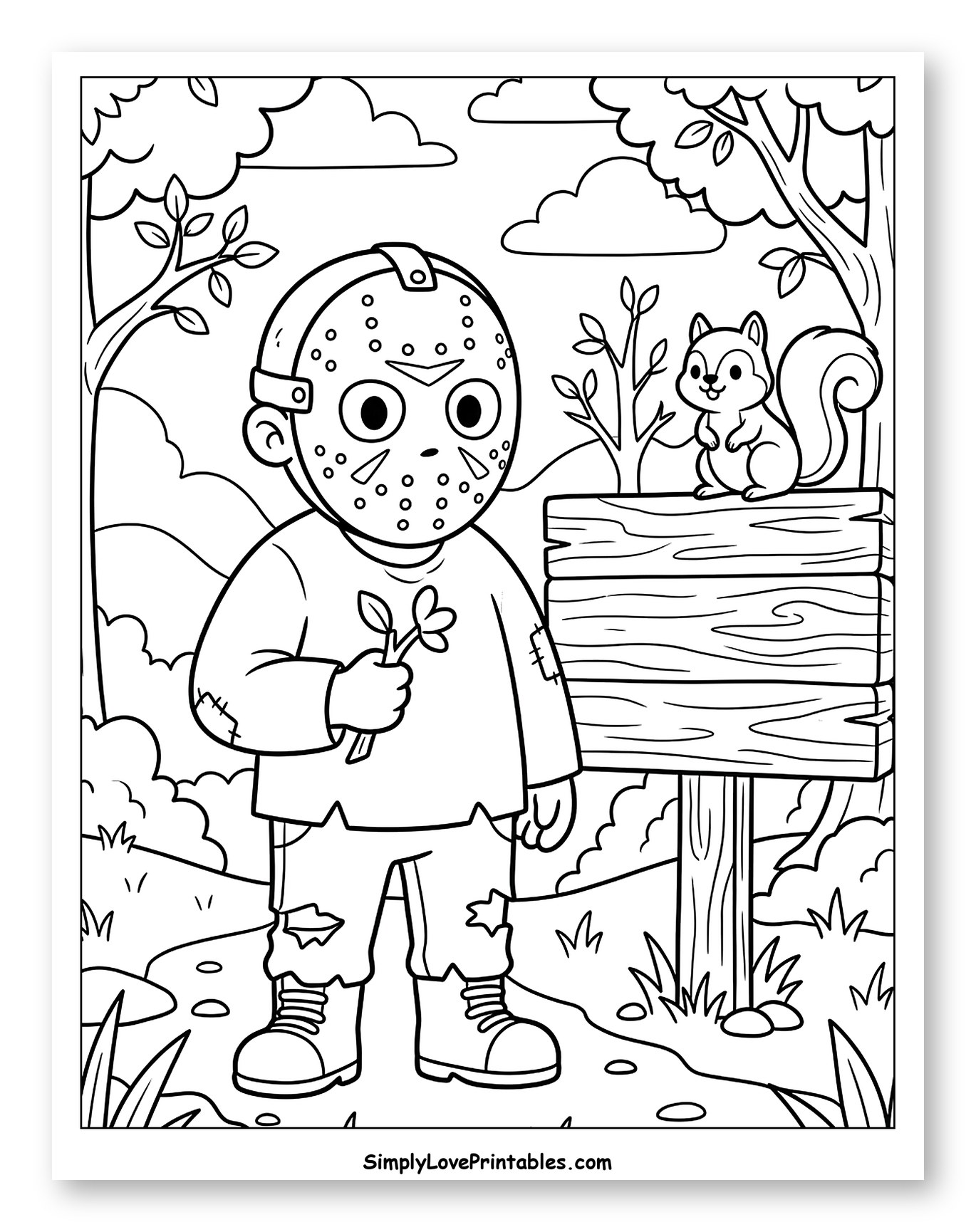 Cute Jason Voorhees with Squirrel in Forest to Color for Kids