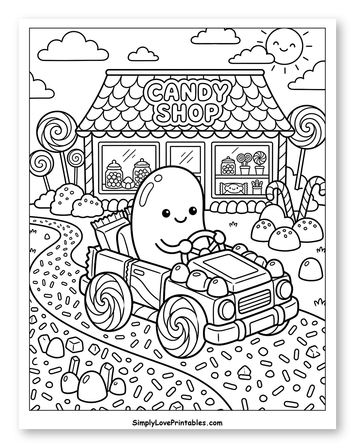 Cute Jelly Bean Driving to Candy Shop to Color for Kids
