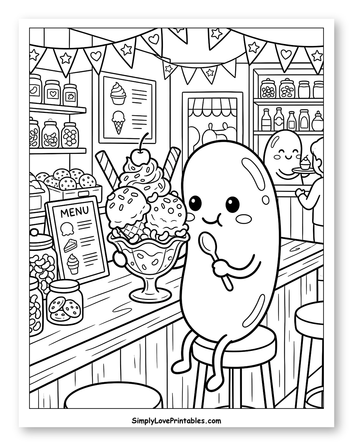 Cute Jelly Bean Enjoying Ice Cream Sundae Coloring Sheet for Kids