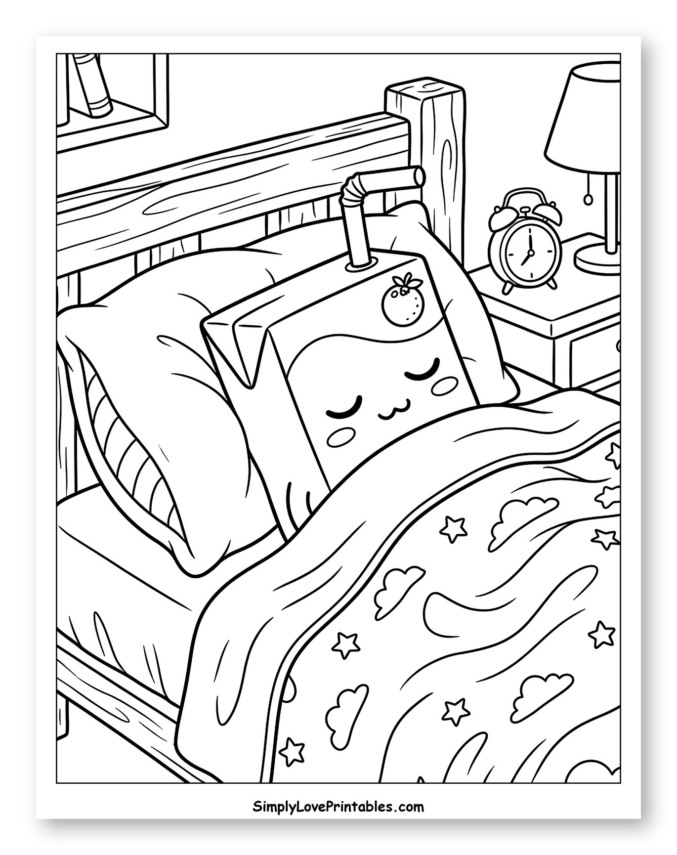 Cute Juice Box Asleep in Bed Coloring Sheet for Kids