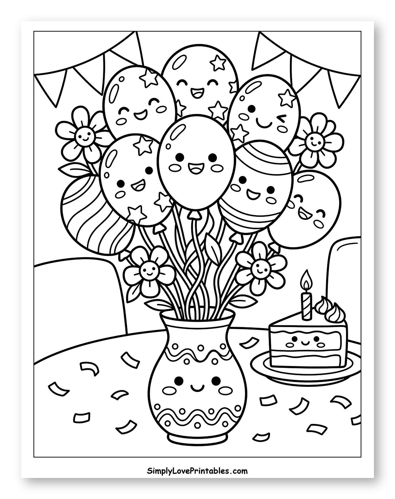 Cute Kawaii Balloons and Flowers in a Vase Coloring Page for Kids