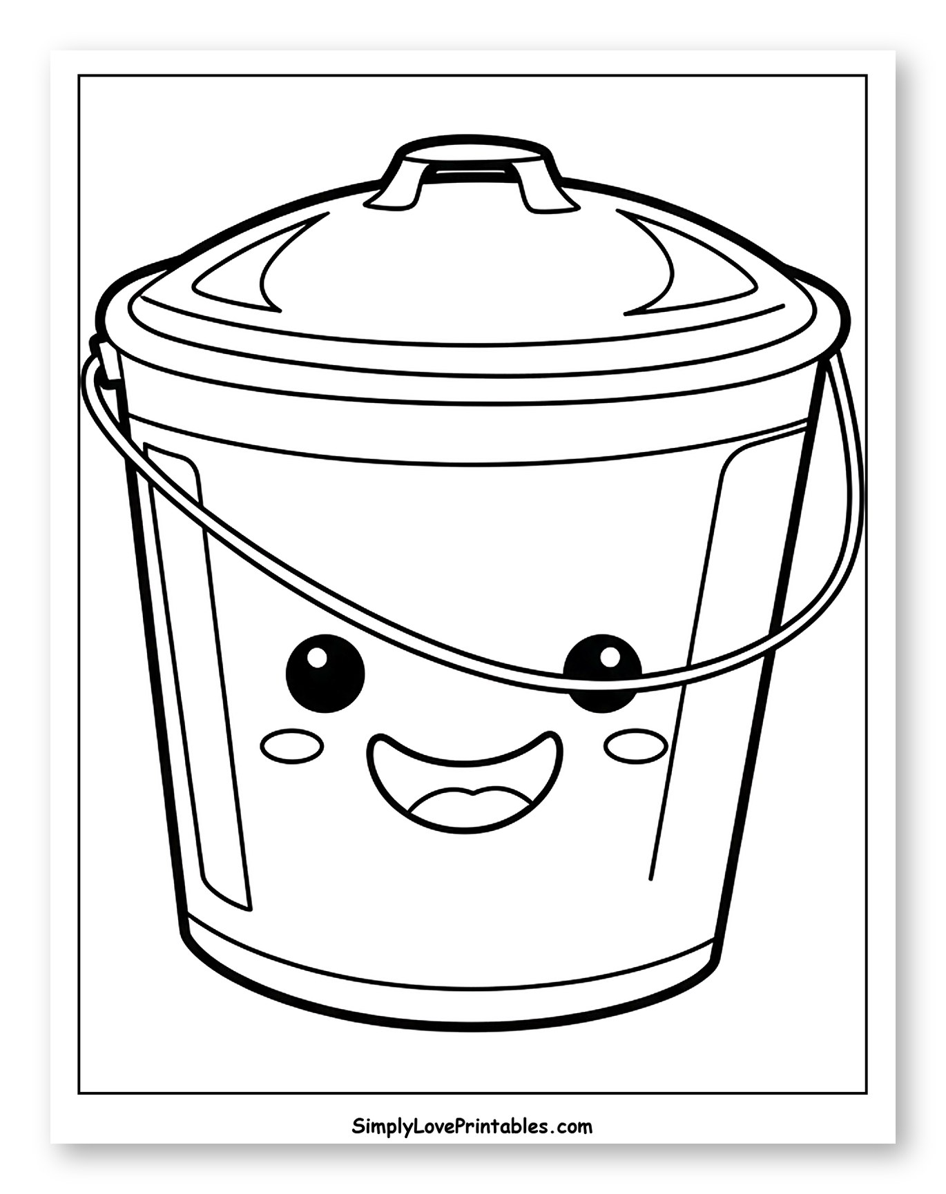 Cute Kawaii Garbage Can with Happy Face to Color for Toddlers