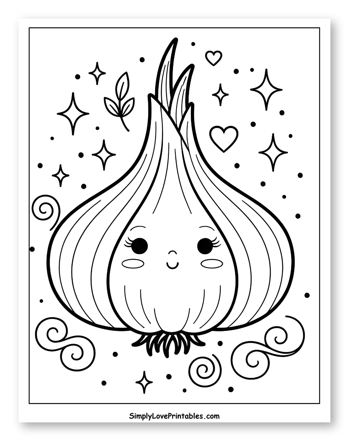 Cute Kawaii Garlic with Stars and Hearts Coloring Page for Adults