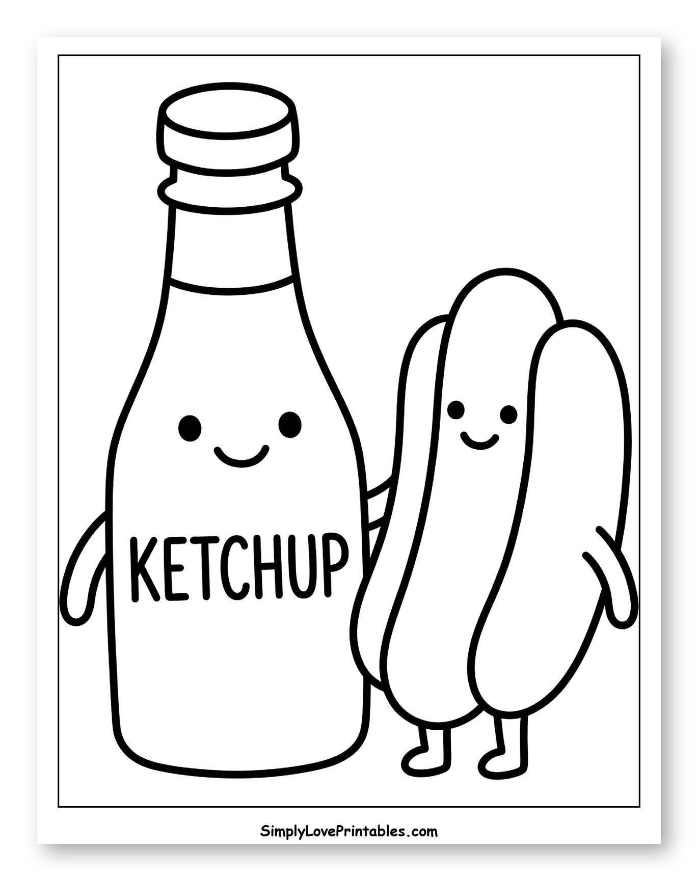 Cute Ketchup Bottle and Hot Dog Friends to Color for Toddlers