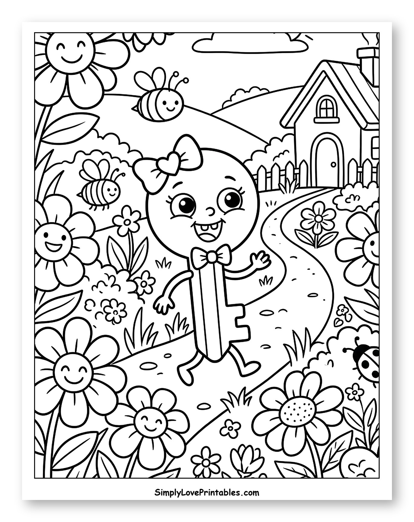 Cute Key Character Walking in a Flowery Garden to Color for Kids
