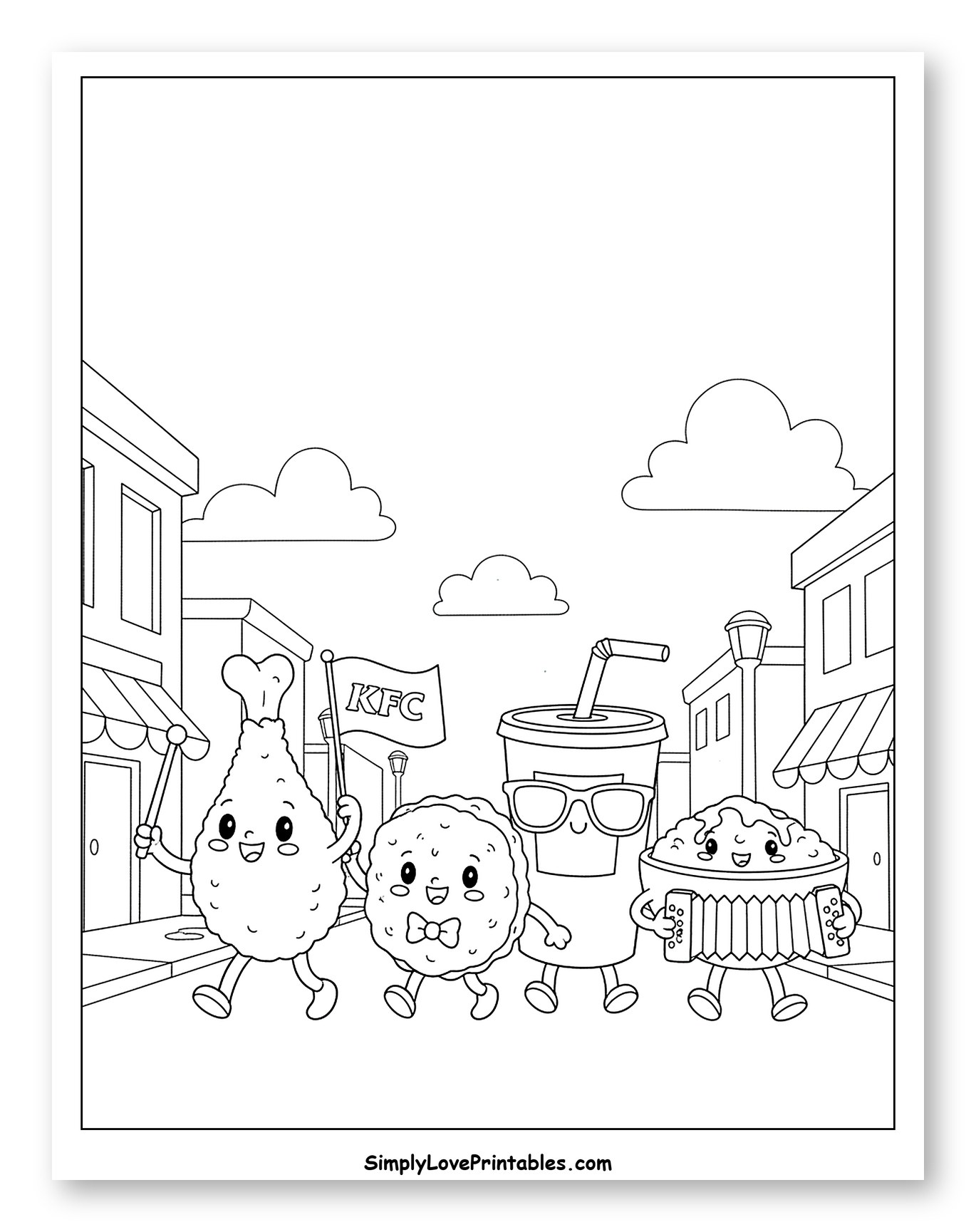 Cute KFC Food Characters on Parade Coloring Page for Kids
