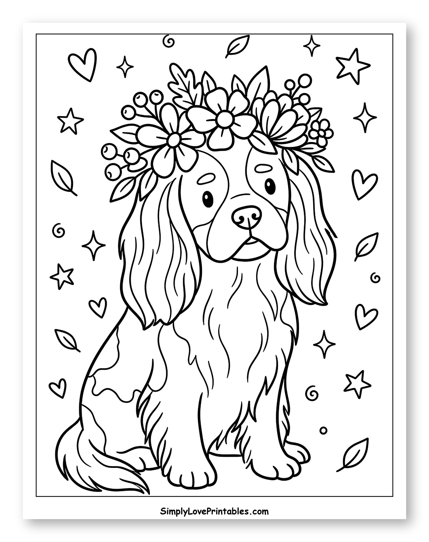 Cute King Charles Cavalier Dog Wearing Flower Crown Coloring Sheet for Adults