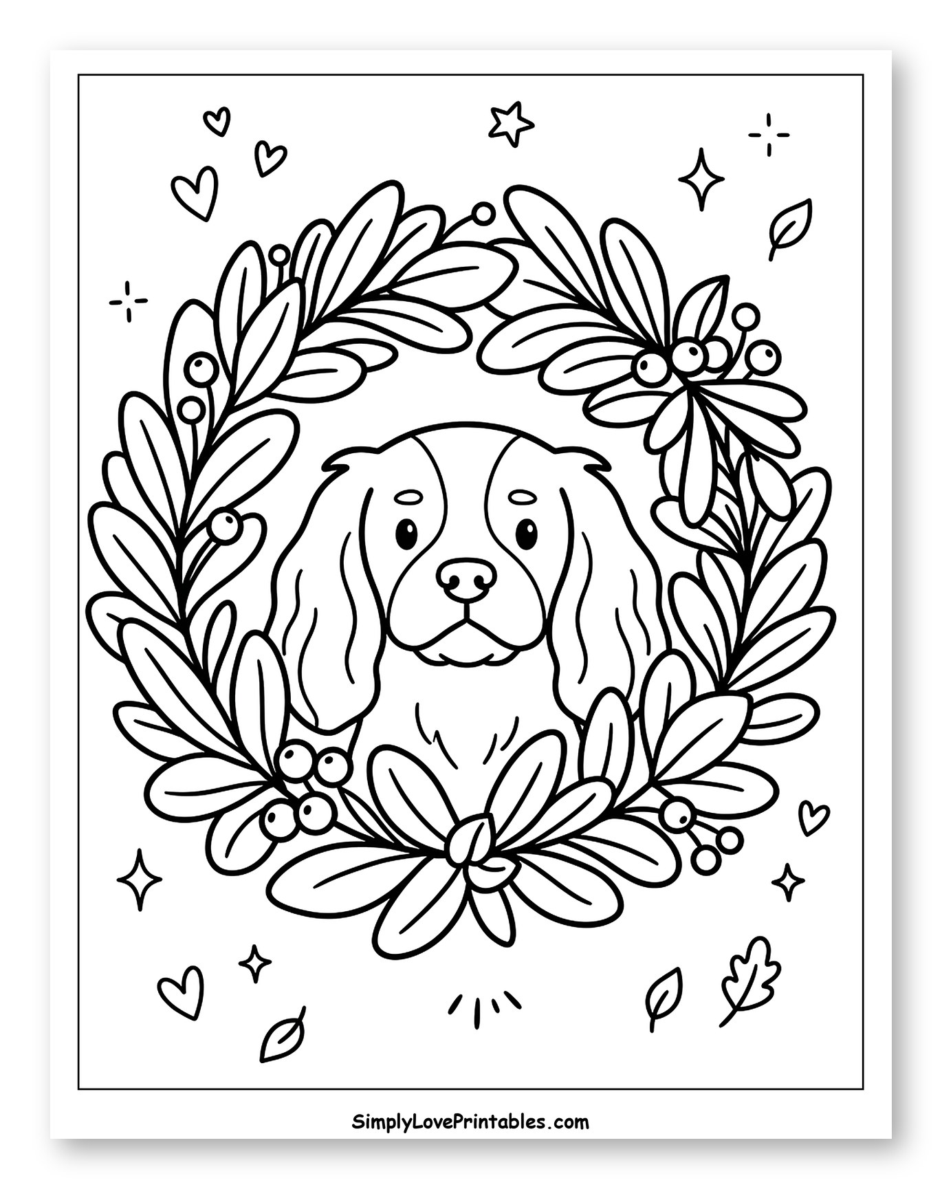 Cute King Charles Spaniel with Festive Wreath to Color for Adults