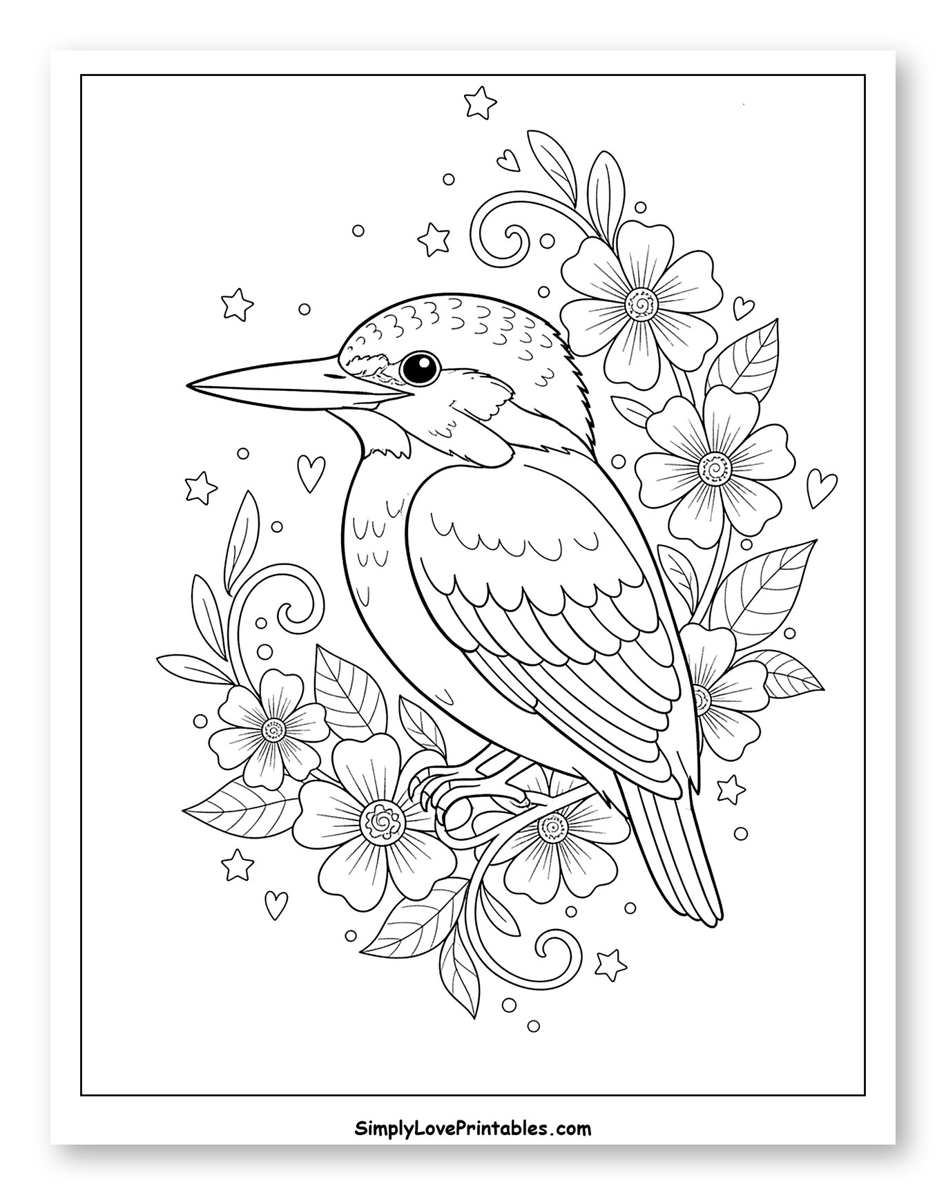 Cute Kingfisher Bird Perched Among Flowers Coloring Sheet for Adults