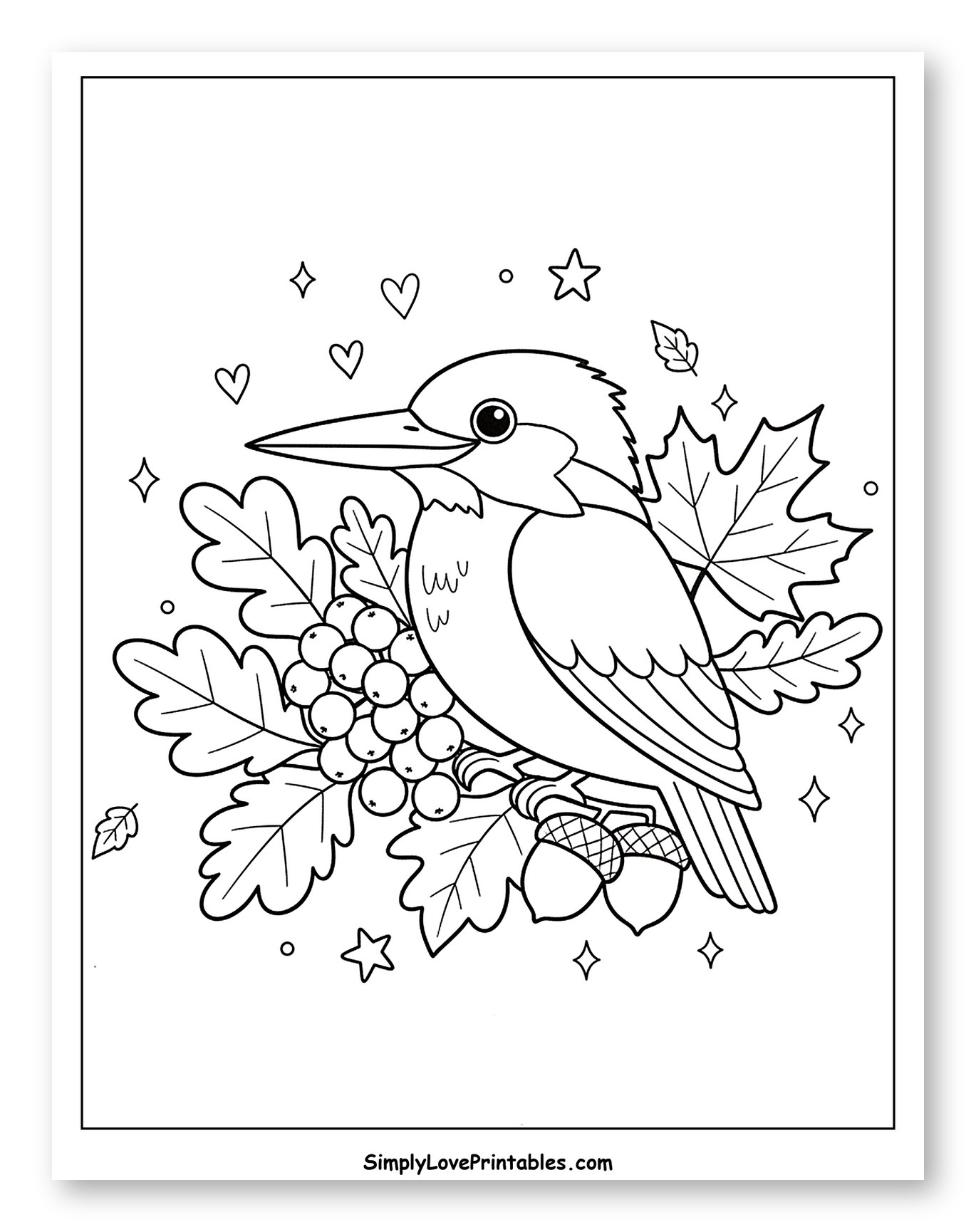 Cute Kingfisher Bird with Autumn Leaves and Berries