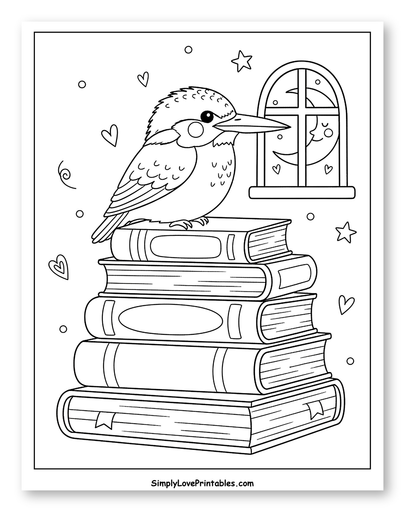 Cute Kingfisher on a Pile of Books Coloring Page for Adults