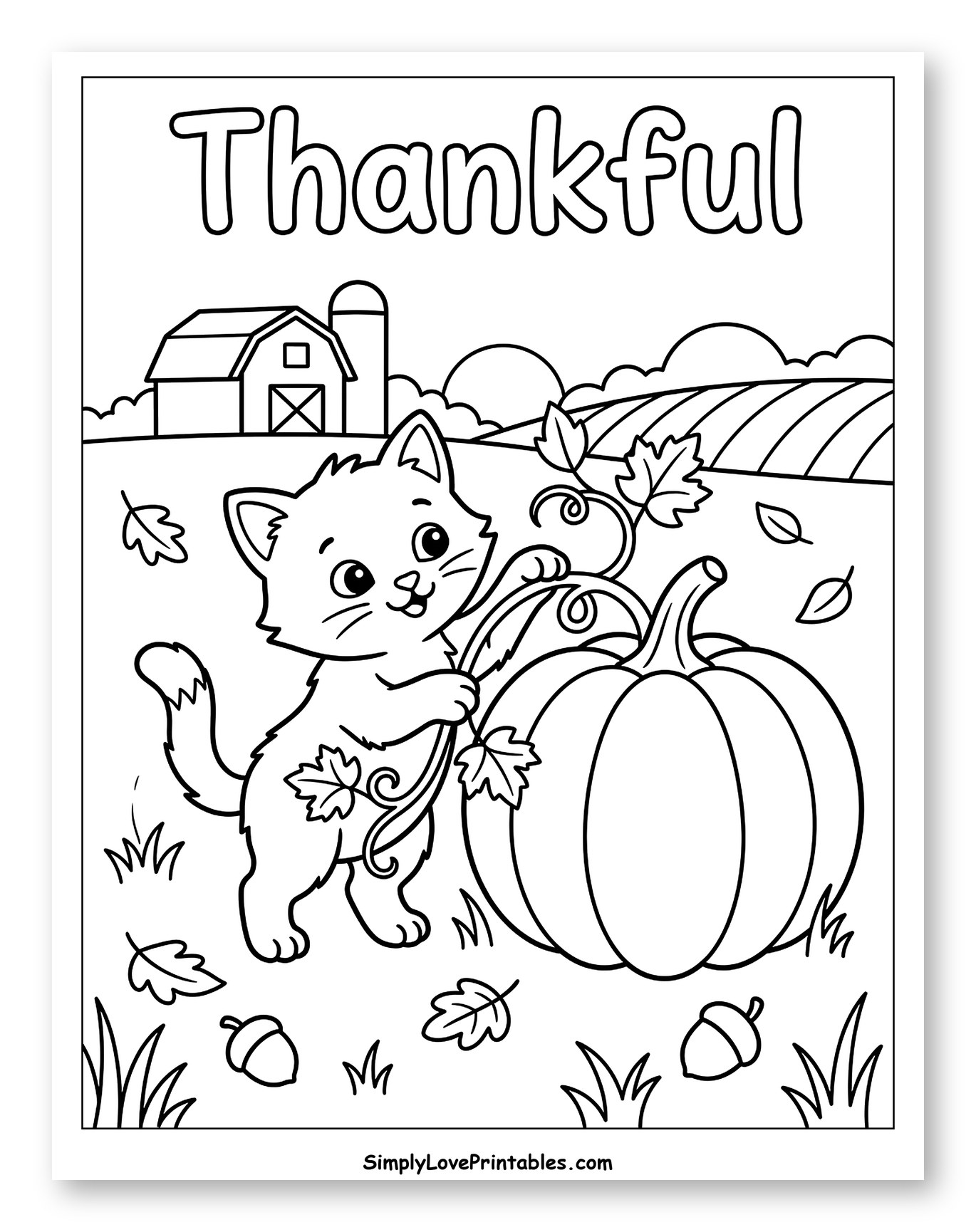 Cute Kitten with a Pumpkin on a Farm