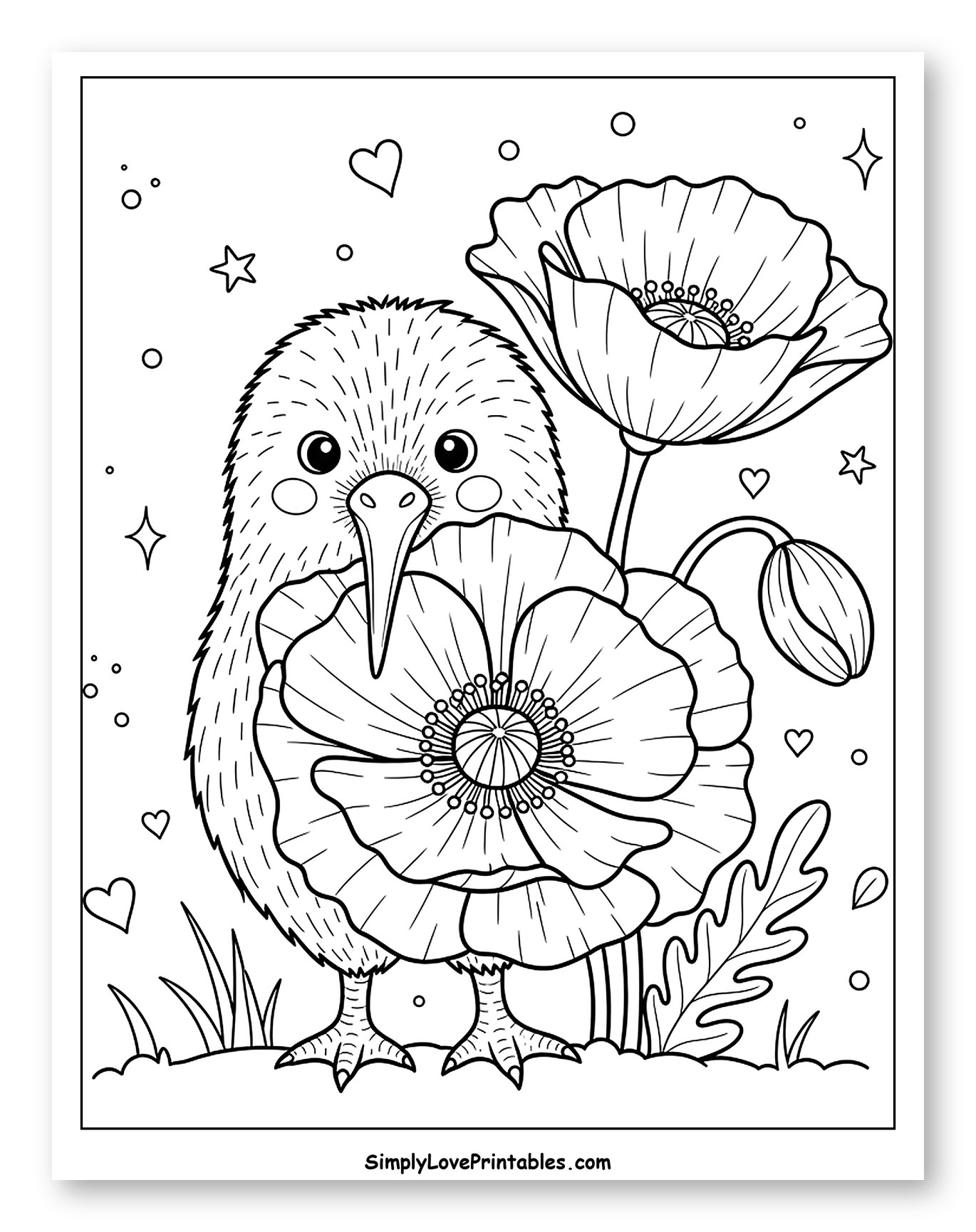 Cute Kiwi Bird Holding a Poppy Flower