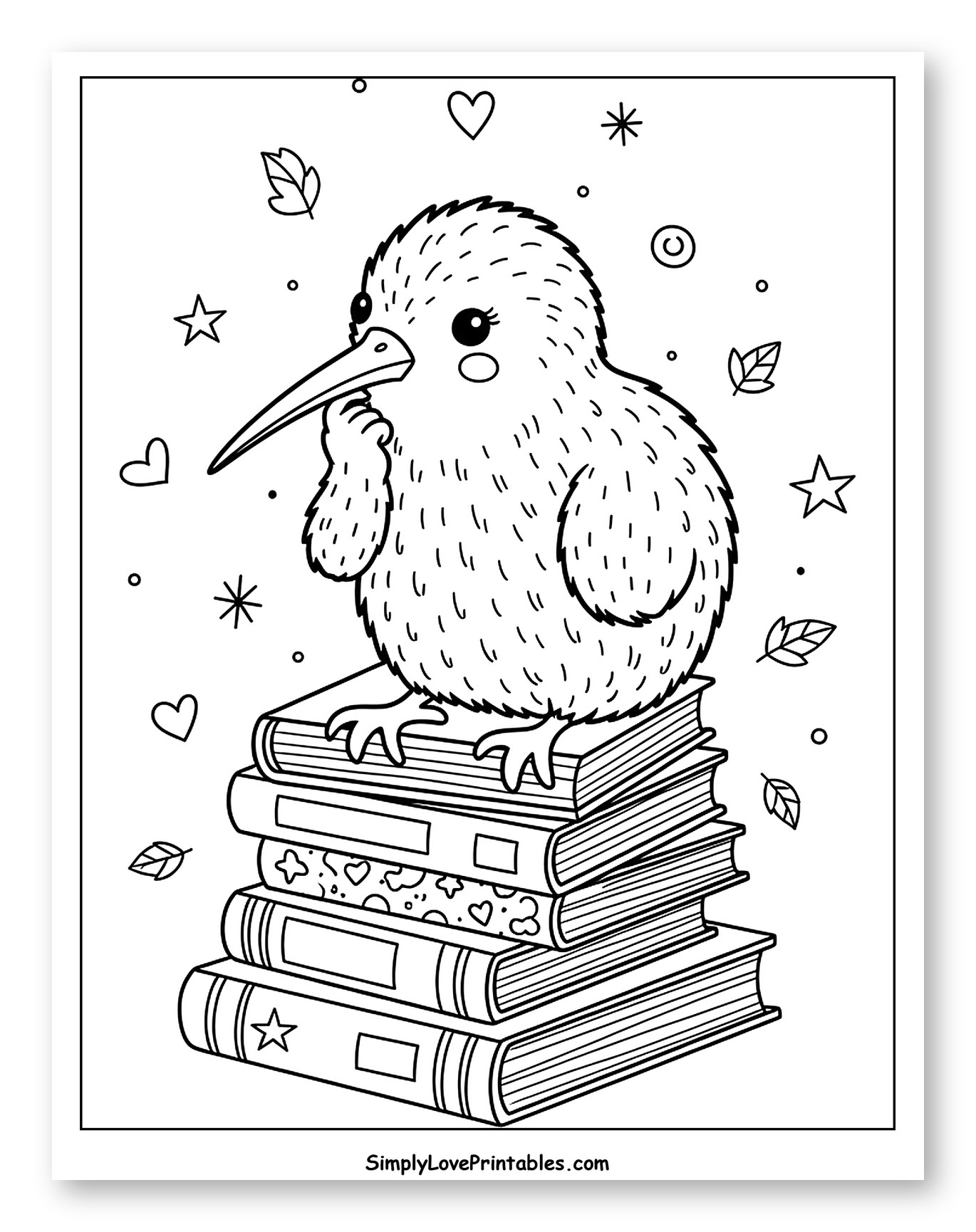 Cute Kiwi Bird on a Stack of Books Coloring Sheet for Adults