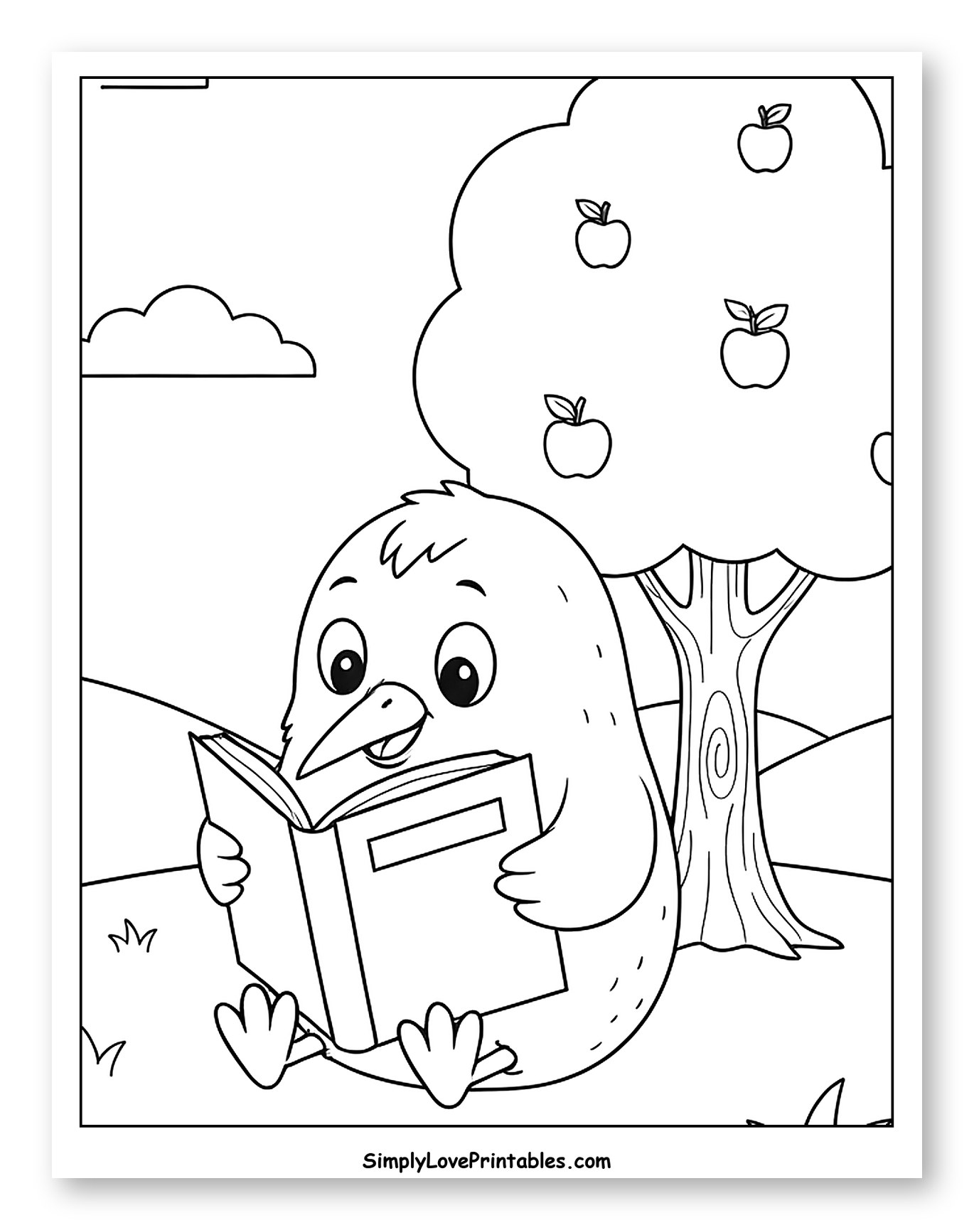 Cute Kiwi Bird Reading Under Apple Tree